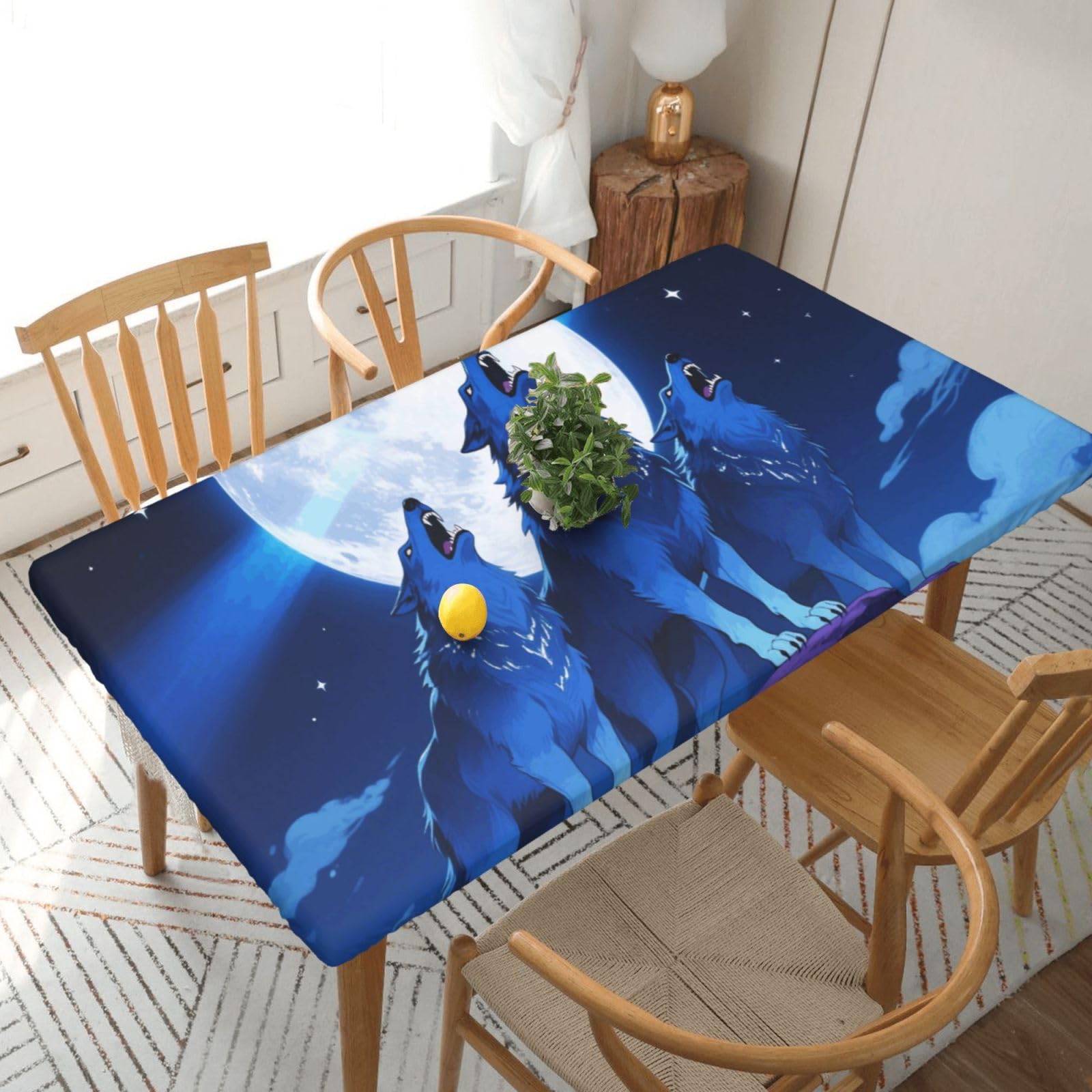 Fodpand Black Blue Wolf Moon Spandex Fitted Tablecloth For 5 Foot Rectangle Tables,Waterproof Picnic Table Cover Stretch Table Cloth Washable Table Protector For Picnic, Camping, Outdoor