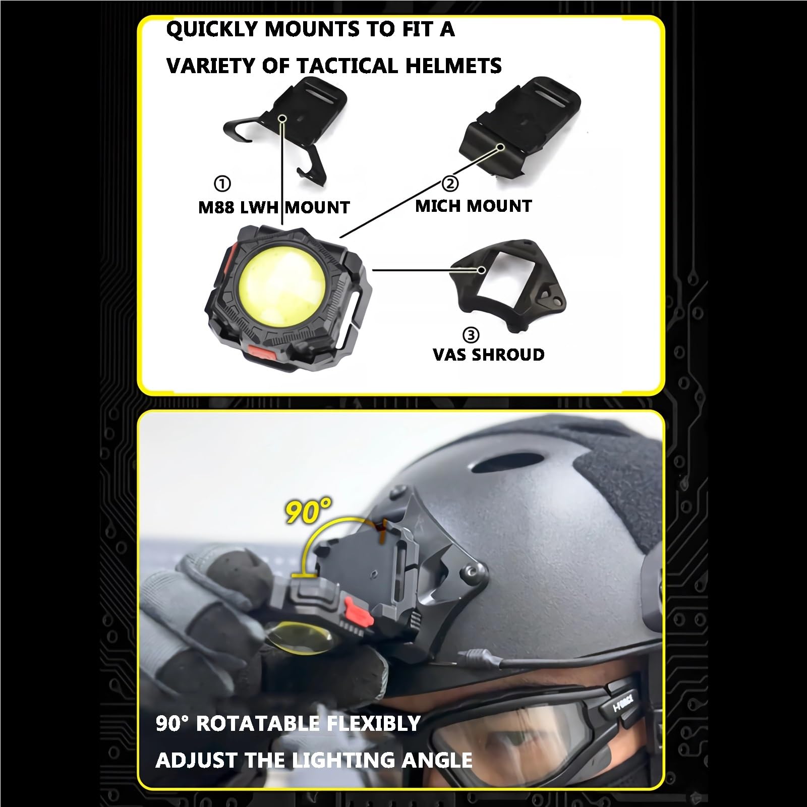Lampe LED Tactique pour Casque – 500 Lumens, Charge de Type C, 4 Modes, Compatible avec Les Casques MICH, Poids Léger (50 G)