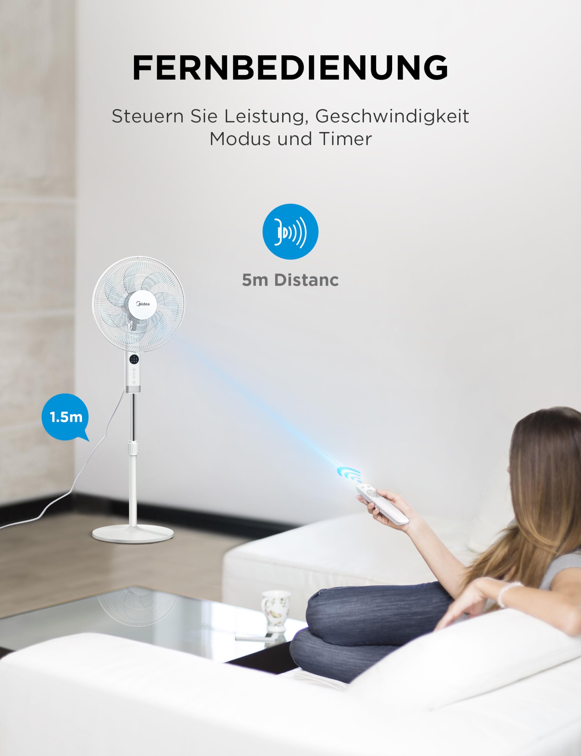 Midea FS40-23MR Standventilator 3 Geschwindigkeiten Teleskophöhe Fernbedienung 90-Grad Schwingung
