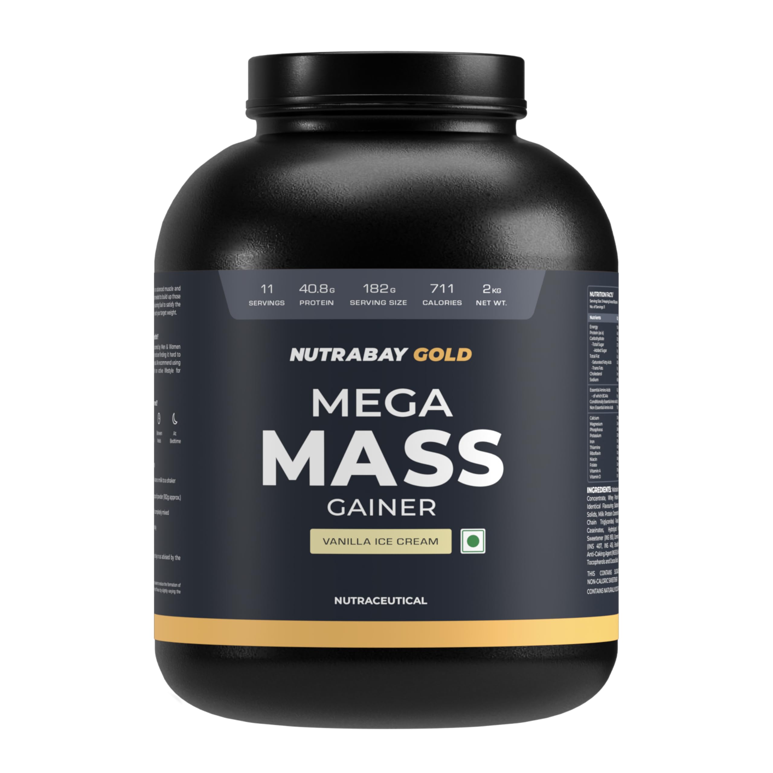Nutrabay Gold Mega Mass Gainer Powder - 2kg, Vanilla Ice Cream | 100% Veg | 40.8g Protein, 123g Carbs, 711 Calories | Muscle Building & Weight Gainer Supplement for Men & Women
