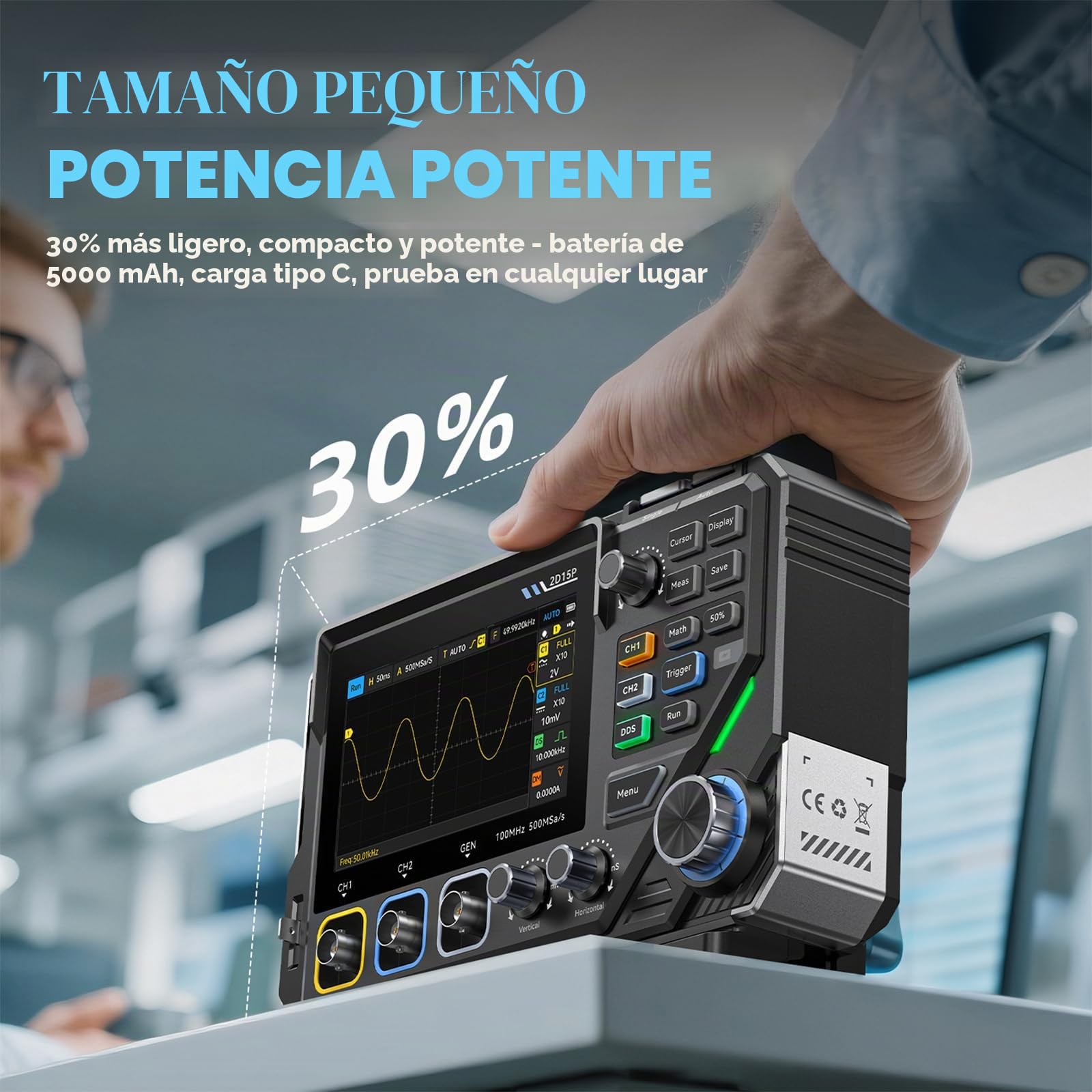 2D15P Osciloscopio, 100MHz Osciloscopio Digital Multímetro 3 en 1 Generador de Señal DDS, Pantalla Táctil de 4,3", 19’999 TRMS, Precisión de 4,5 Dígitos, Multímetro 500MSPS