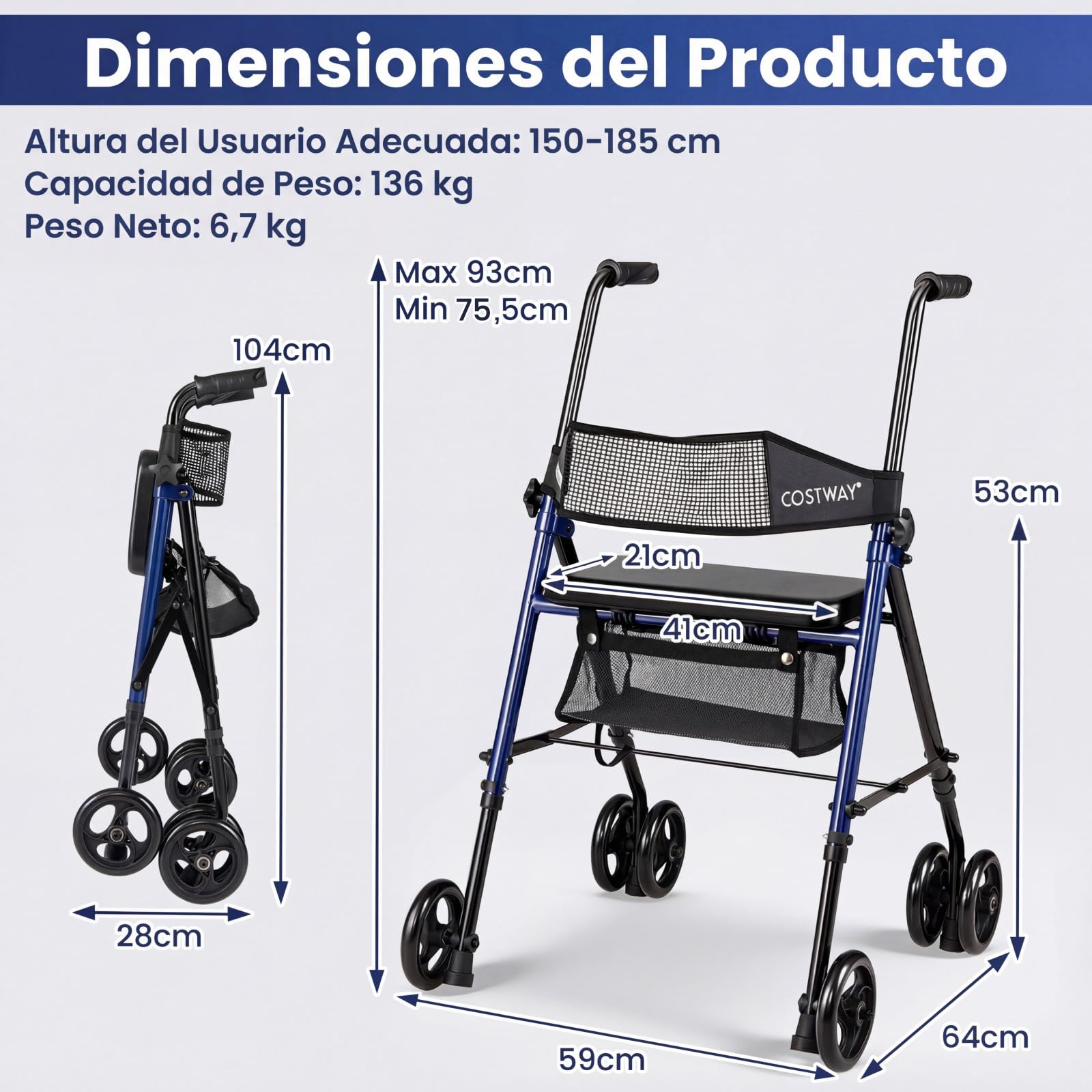 COSTWAY Andador para Ancianos Plegable, Andadores Adultos con Asiento, Asas Ajustables de 8 Niveles, Respaldo de Malla y Bolsa de Almacenamiento, Caminadores para Mayores con 4 Ruedas y Mangos