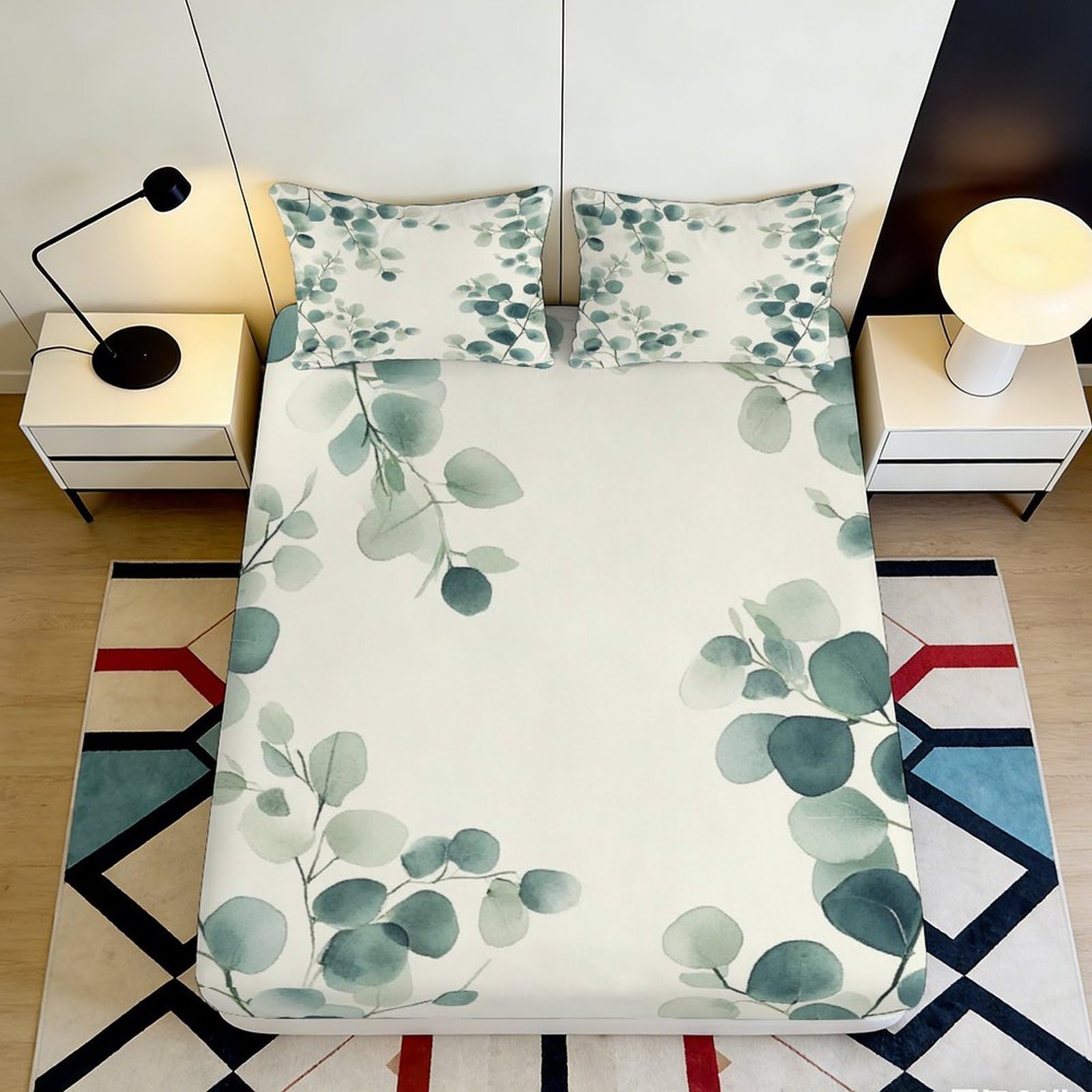 3D Printed Eucalyptus Botanical Fitted Sheet Microfiber Anti-Slip Mattress Cover for Bedroom Guest Room Decor 120x200x25cm