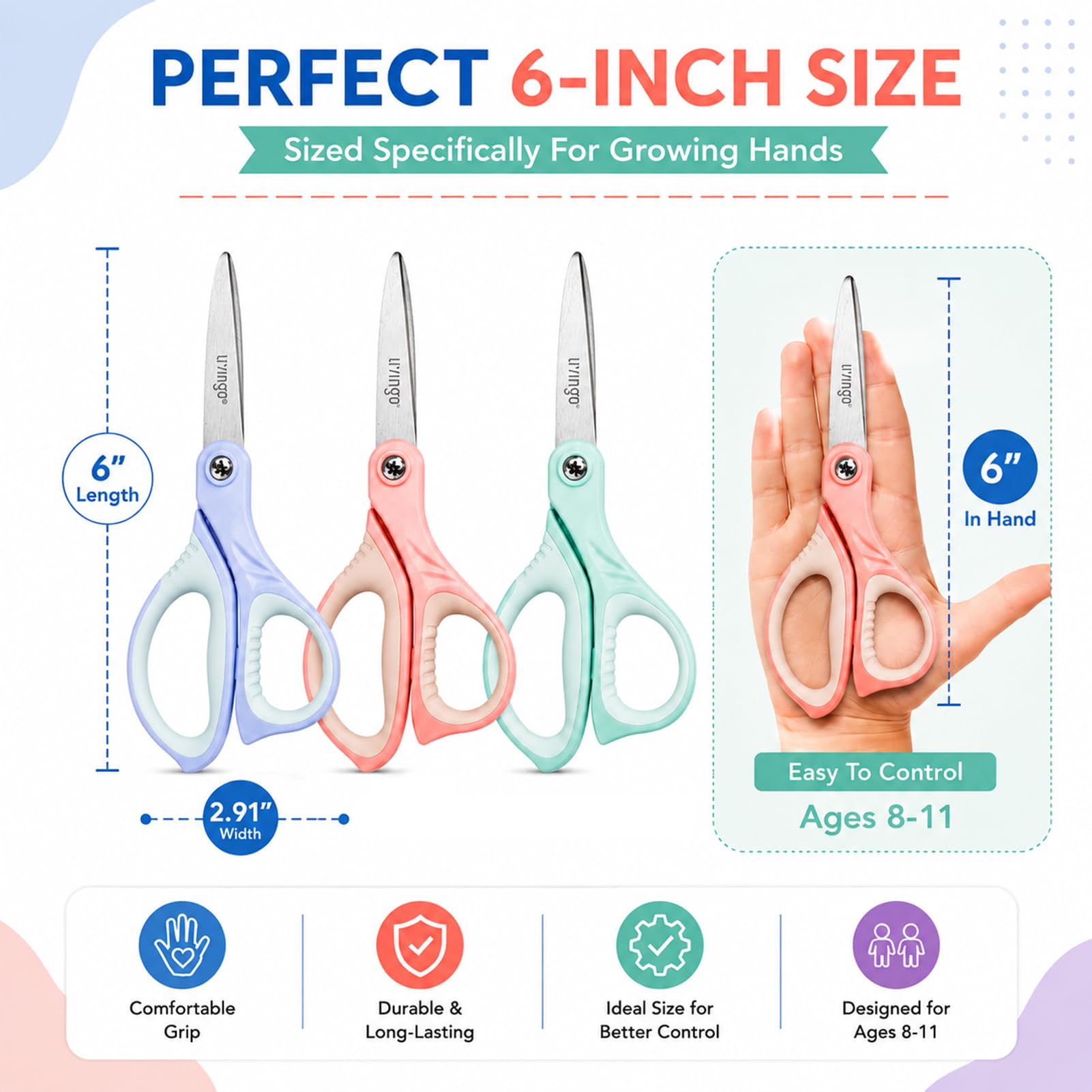 LIVINGO Kids Scissors 6 Inch Pointed Tip Stainless Steel Sch -2