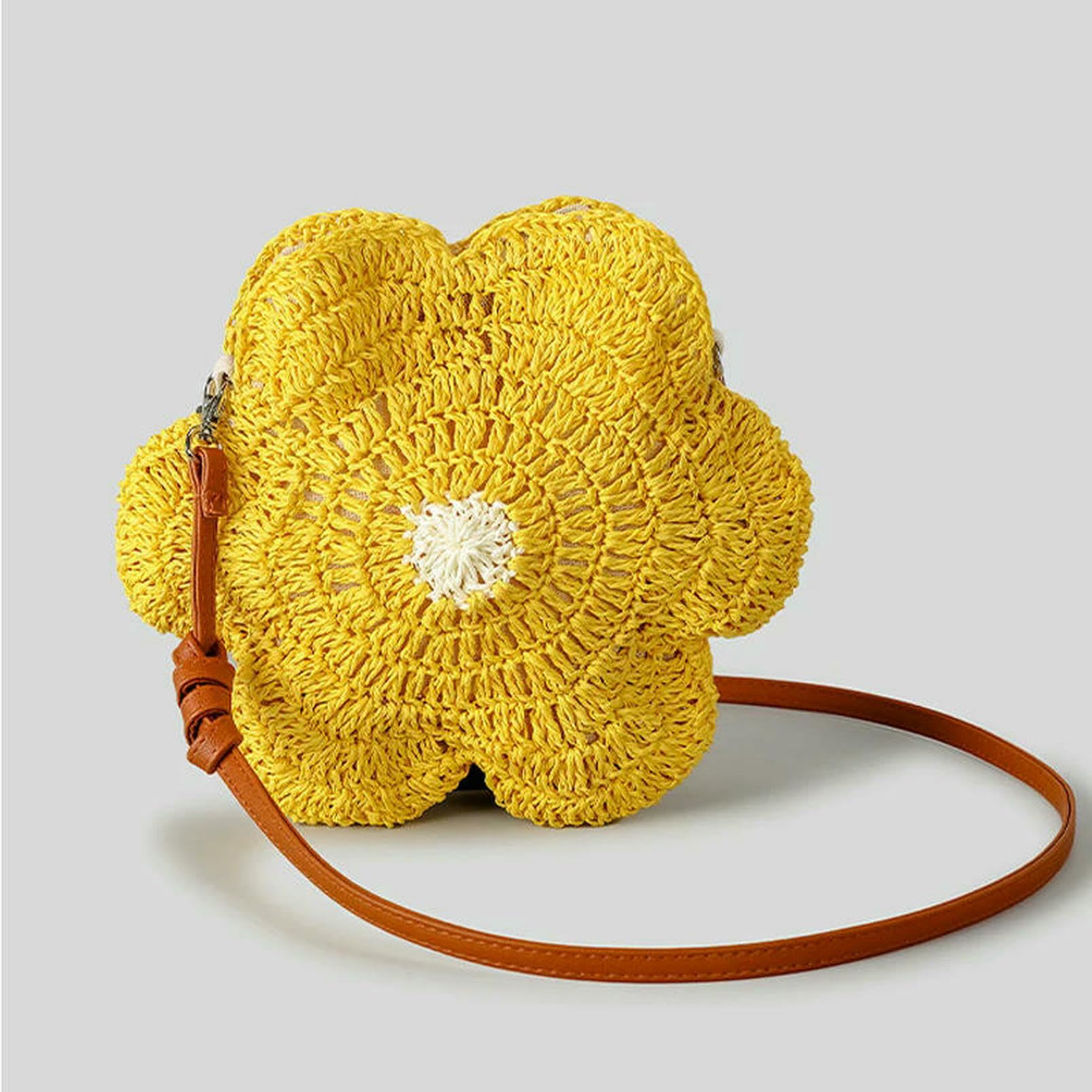 Borsa a Mano Donna Design di Fiori Carini da Sagni per Spalle Spalline Intrecciate Sacca Spiaggia Estiva Rotonda Shopper Borse-Giallo