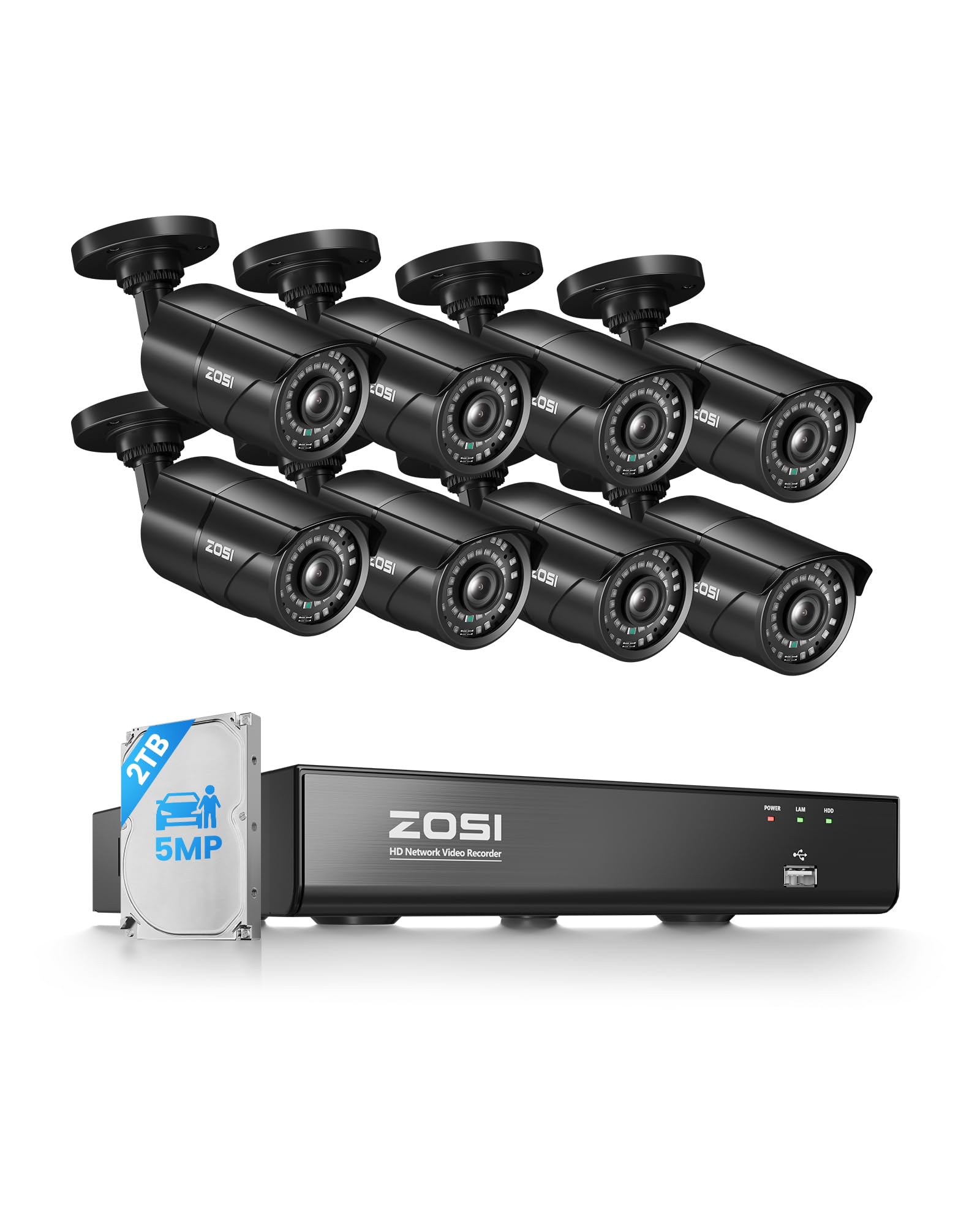 ZOSI 8MP 4K PoE Home Security Camera System Outdoor, H.265+ 8CH PoE NVR (16CH Expandable) with 2TB HDD for 24/7 Recording, 8PCS 5MP(3K) Bullet IP