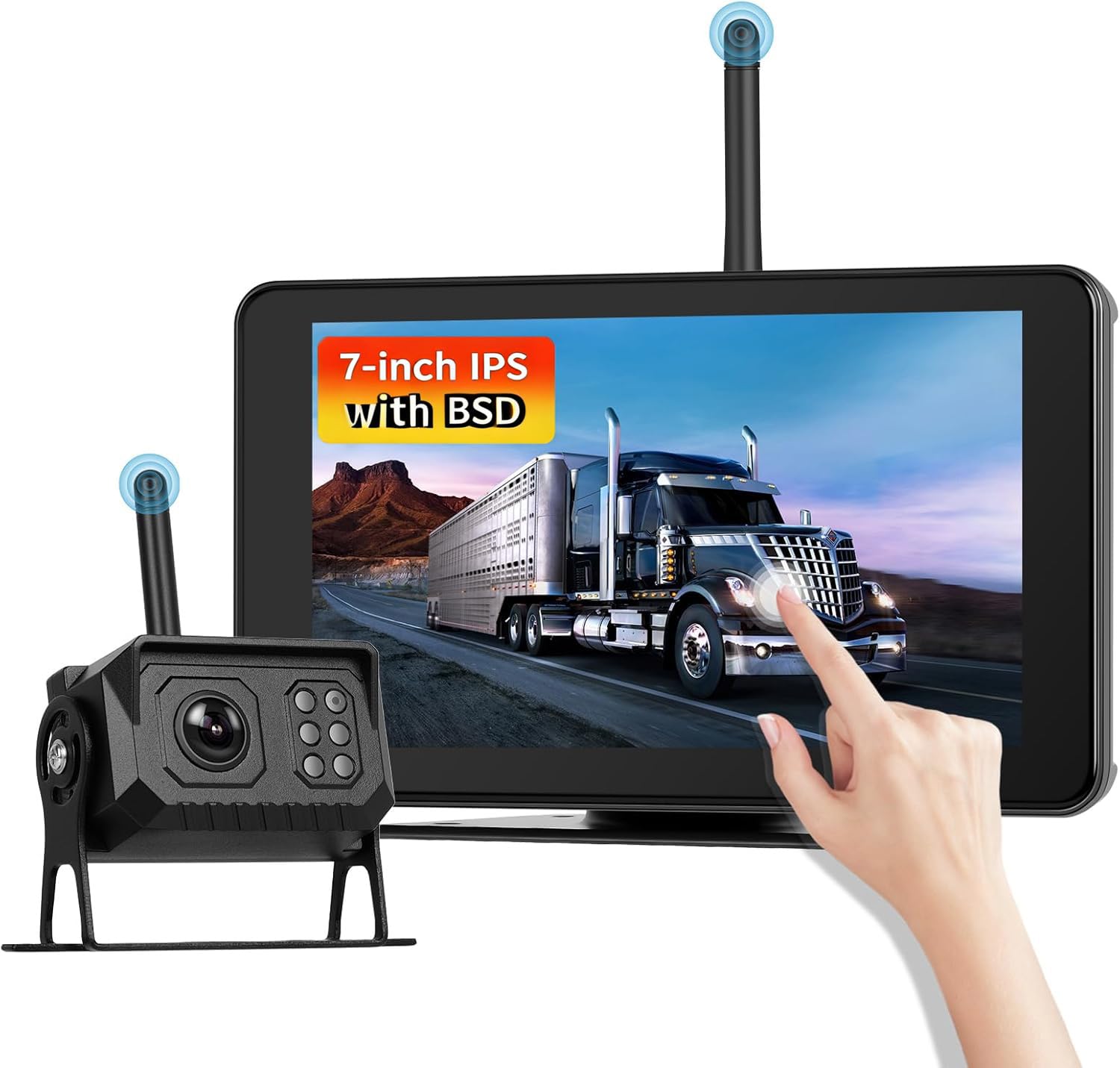 CAMECHO 7'' WIRELESS Telecamera Posteriore con monitor e IP68, Visione Notturna DVR Telecamera Posteriore per auto con Ingrandisci/riduci il filmato, Schermo diviso, BSD, Slot per scheda SD