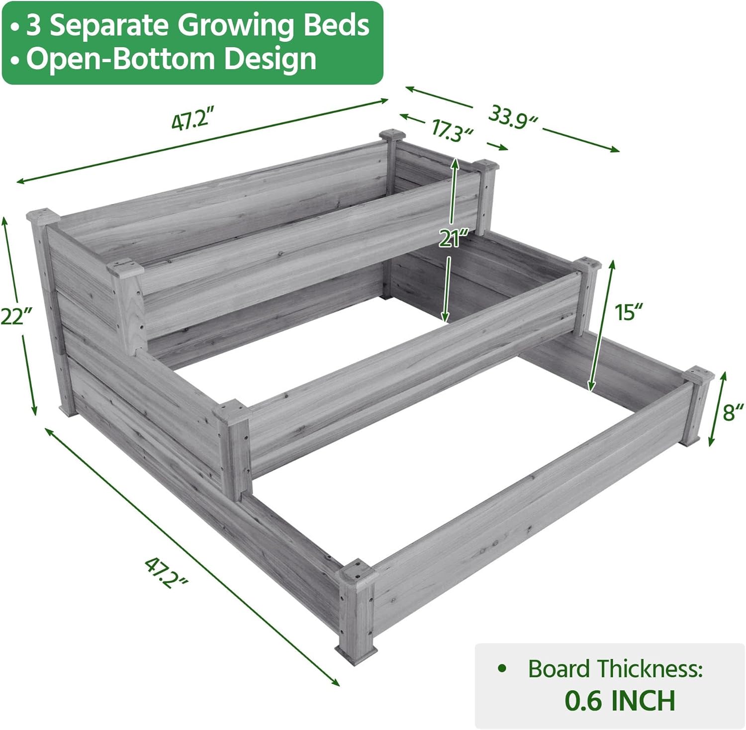 Topeakmart 3 Tier Raised Garden Bed Wood Garden Box Wooden Vegetables/Flower/Herb Elevated Garden Planter Boxes Outdoor, Gray