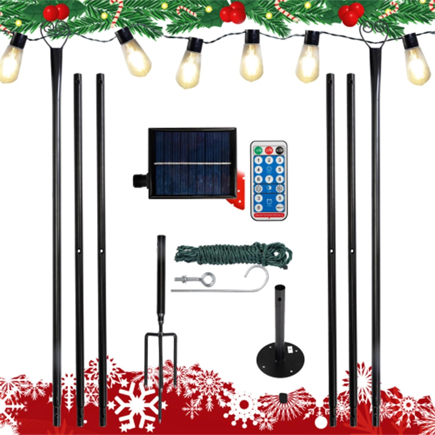 6-Piece Set RC Light String Rod, String Lights Stand, Light String Rod, 9-Foot Light Stand with Trumpet Hook, LED Solar Bulbs for Party, Christmas