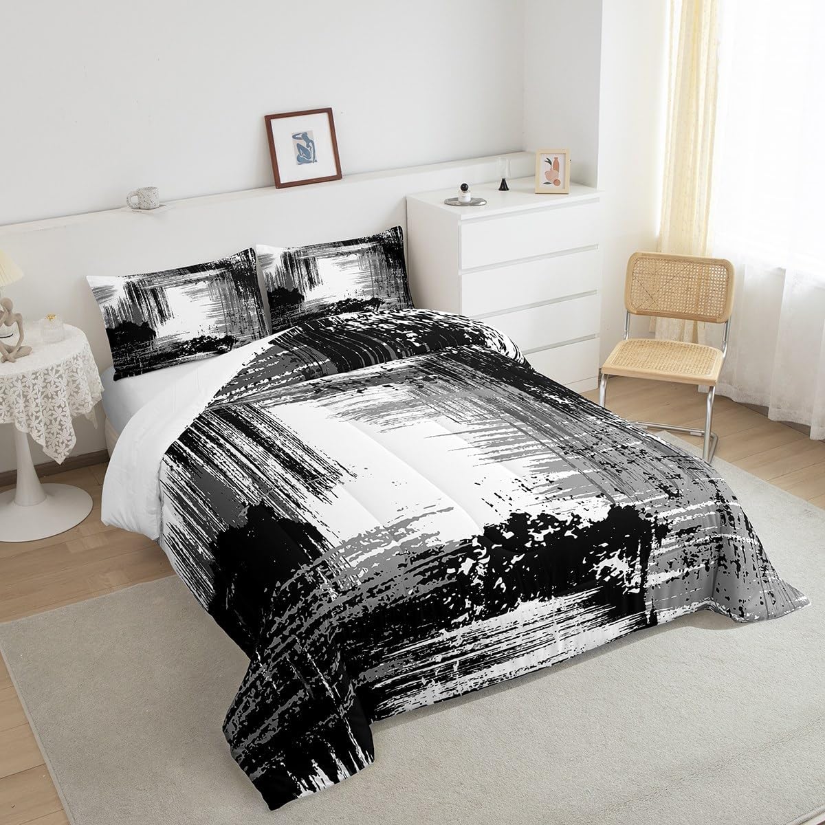 Manfei Abstract Comforter Set King Size, Modern Abstract Art Quilt Set with 2 Pillowcases, Grunge Style Black Grey Bedding Set 3pcs for Kids Boys Teens Room Decor Lightweight Duvet Insert