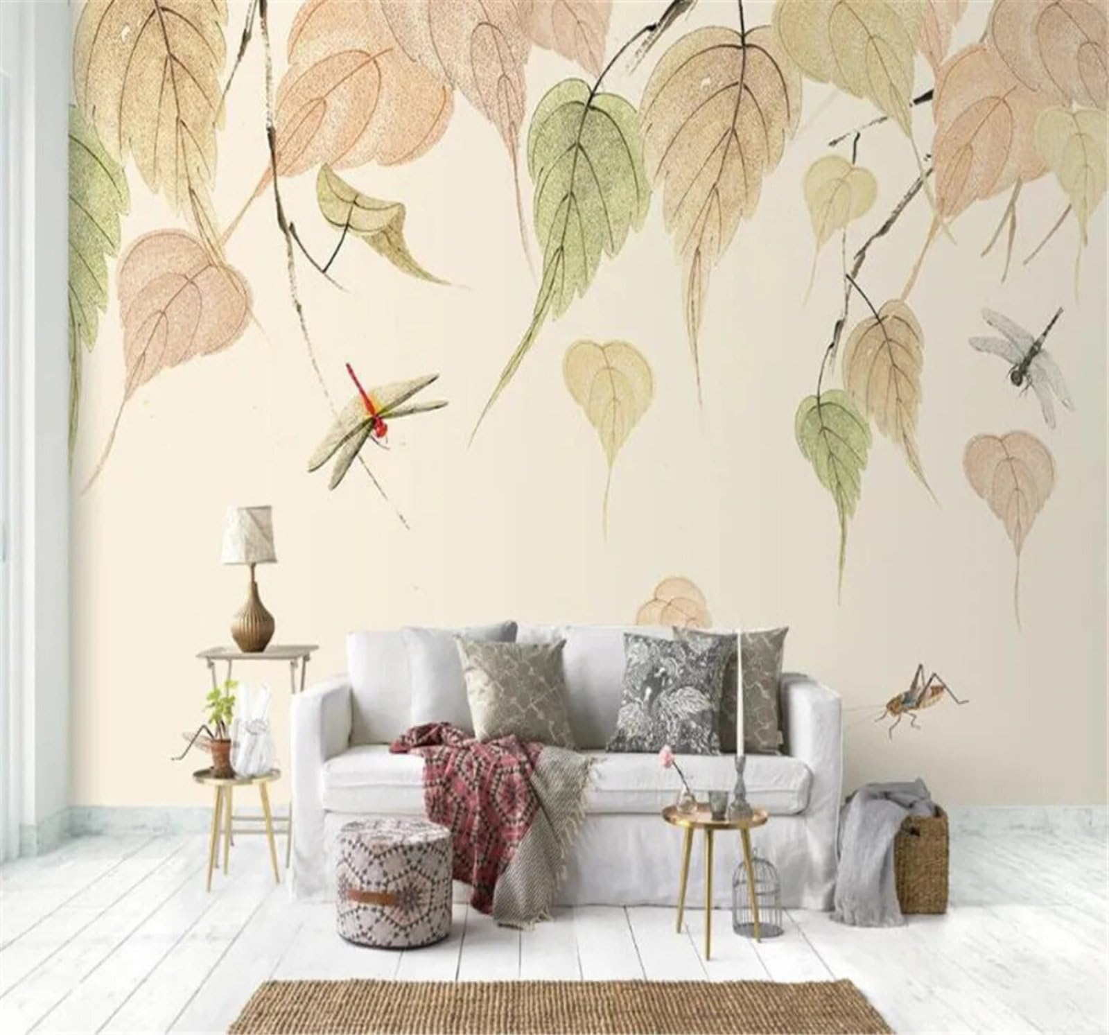 Tzxztt Fresh Minimalist Leaves Dragonflies Beautiful Modern 3D Wallpaper Premium Textured Silk Neutral Tones Material Ideal for Living Room Bedroom-400cm×280cm