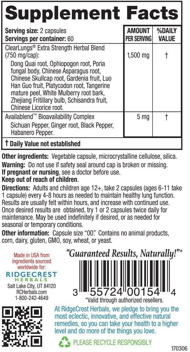 Ridgecrest Clearlungs Extra Strength, Herbal Decongestant, 120 Vegan Capsules : Health & Household