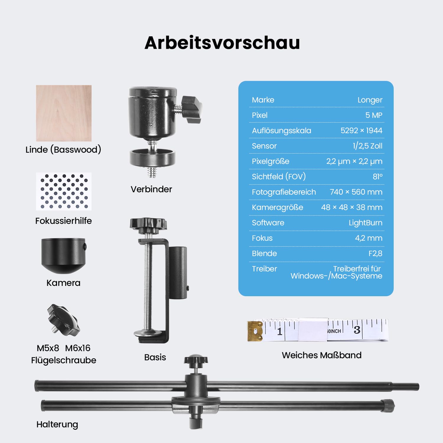 Longer LightBurn Kamera-Kit für Lasergravierer – 5MP Zeitraffer-Kamera mit präziser Positionierung, Multitasking-Gravur und Vorschauunterstützung für LightBurn