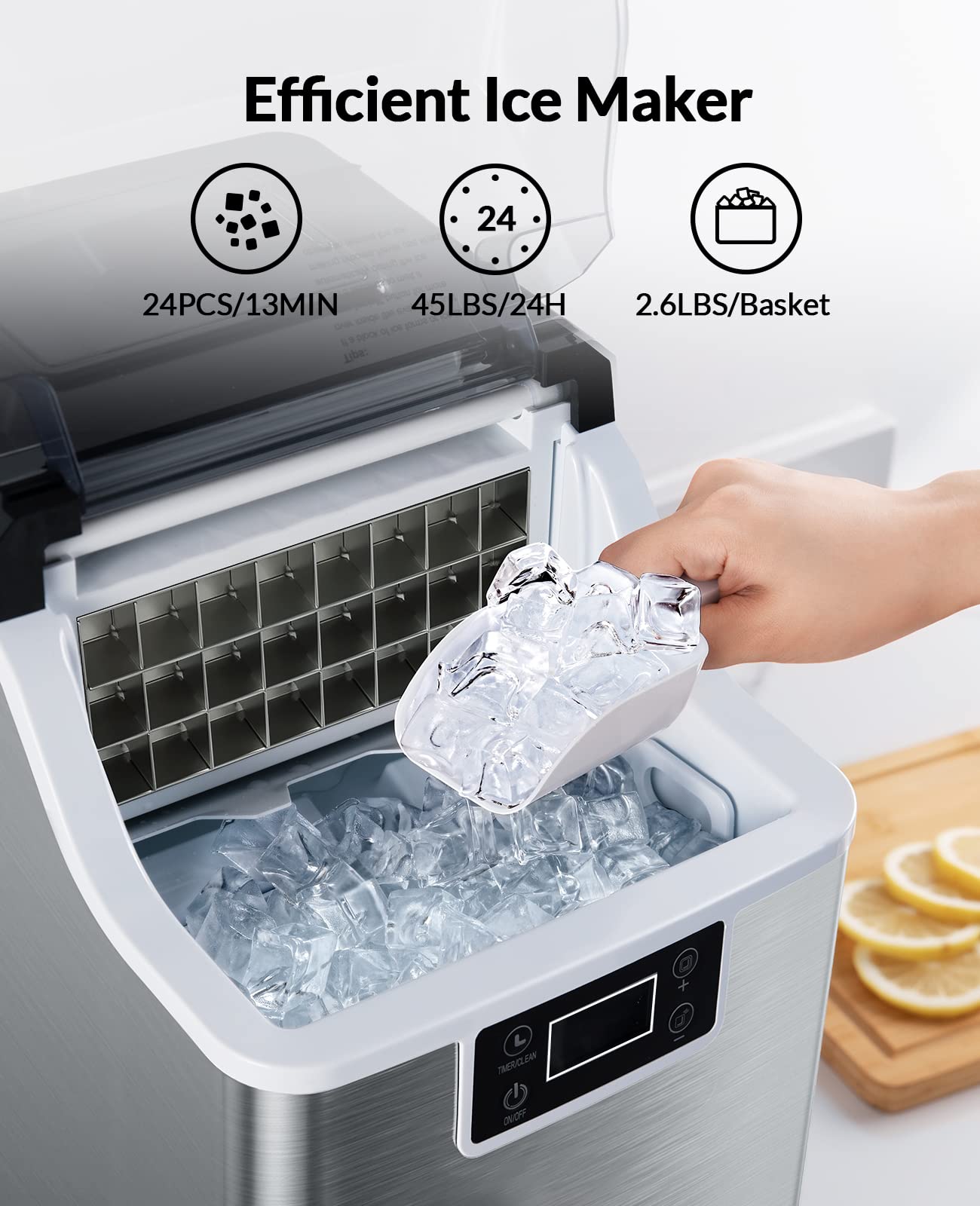 Silonn Countertop Ice Cube Ice Makers, 45lbs Per Day, Auto Self-Cleaning, 24 Pcs Ice Cubes in 13 Min, 2 Ways to Add Water, Compact Ice Machine for Home Office Bar Party,SLIM01B-1 on Fridge.com