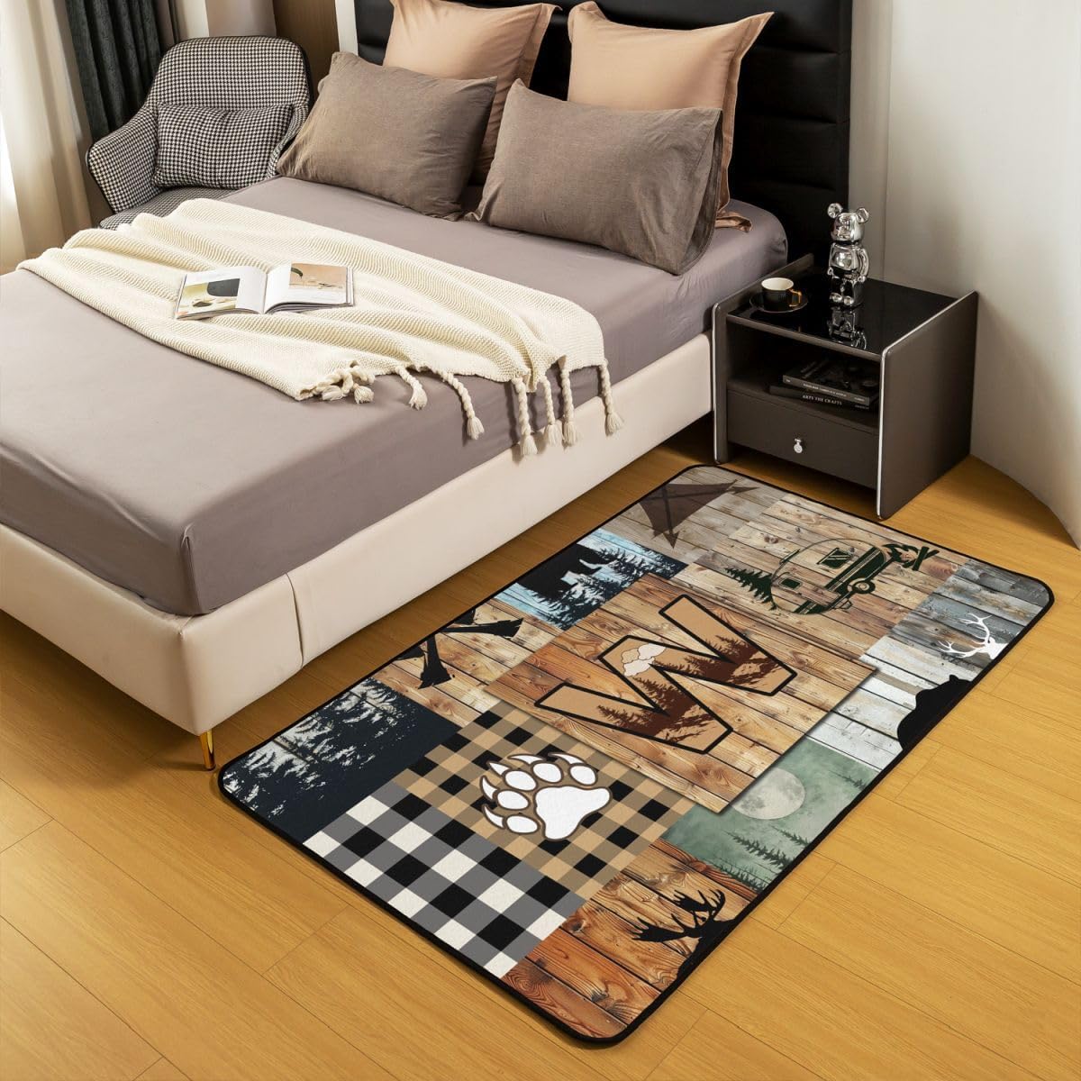 Erosebridal Hunting Bear Moose Deer Area Rug 3x5 Initial Letter W Rug for Bedroom Living Room Rustic Cabin Lodge Camping Carpet Decor Western Farmhouse Bear Paw Print Indoor Floor Mat Non Slip