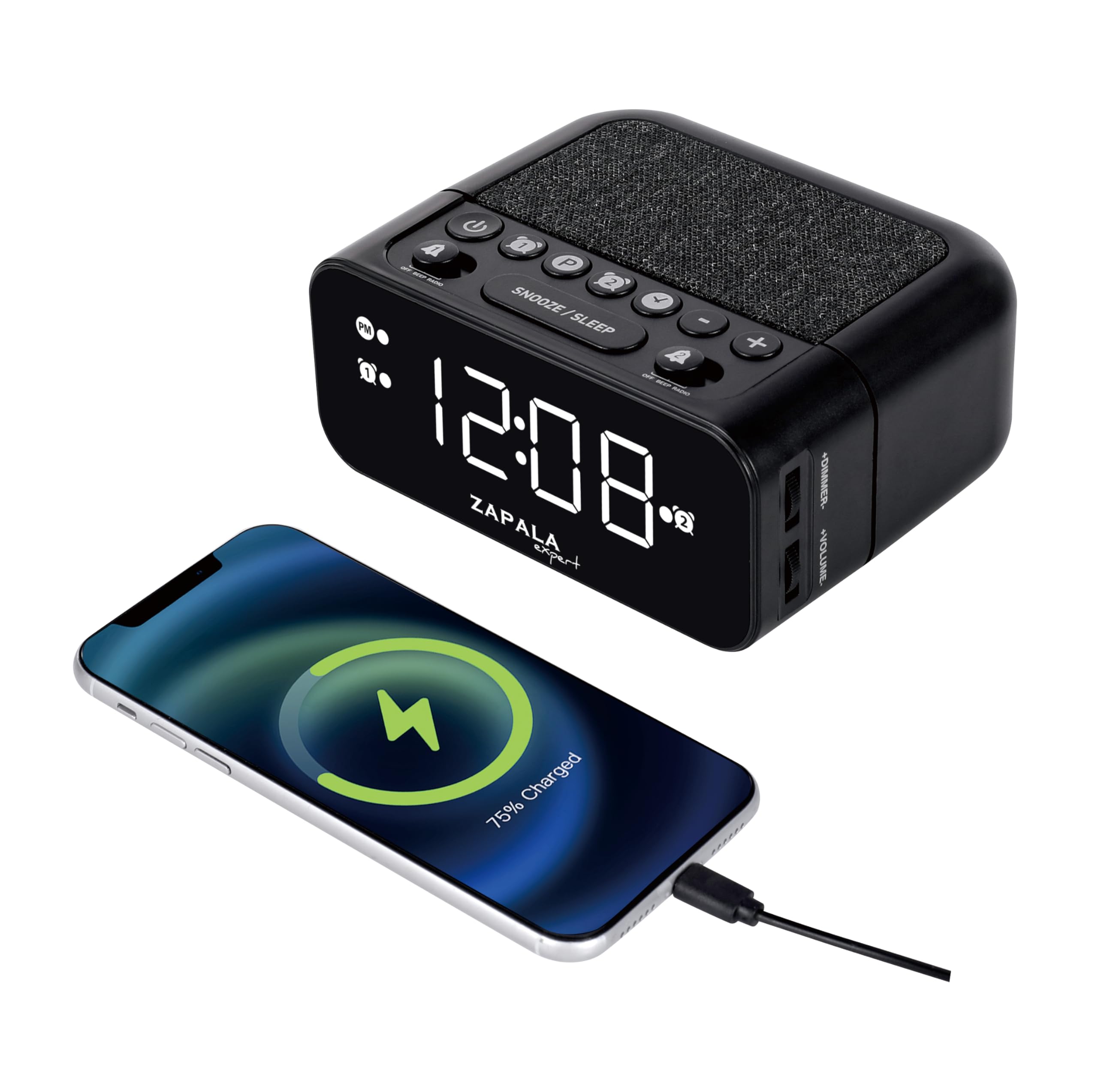 Zapala Expert Black Alarm Clock Radio, 2 Alarms Large Led Display Digital Fm Clock Radio With Usb Charging Port, Adjustable Volume & Dimmer Control, Snooze For Deep Sleepers Kids Elderly