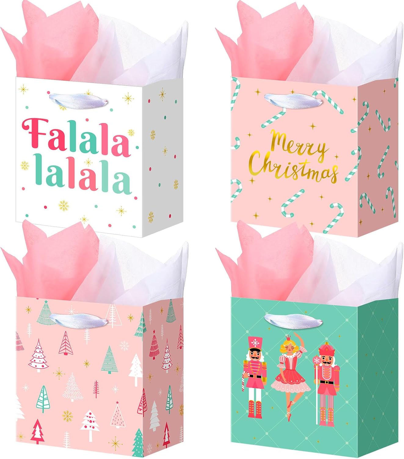 AmazingSpark 24 Pcs Small Christmas Gift Bags with Tissue Paper and Handle Reusable Christmas Paper Gift Bags with Tags for Holiday Present Wrap Giving 4 Style, 5 x 4.33 x 2.76 Inch (Nutcracker,Vivid)