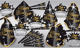 Beistle Happy New Year Shimmer Assortment for 10 People Hats, Tiaras, Noisemaker Horns-Party Favors and Supplies, One Size, Black/Gold/Silver