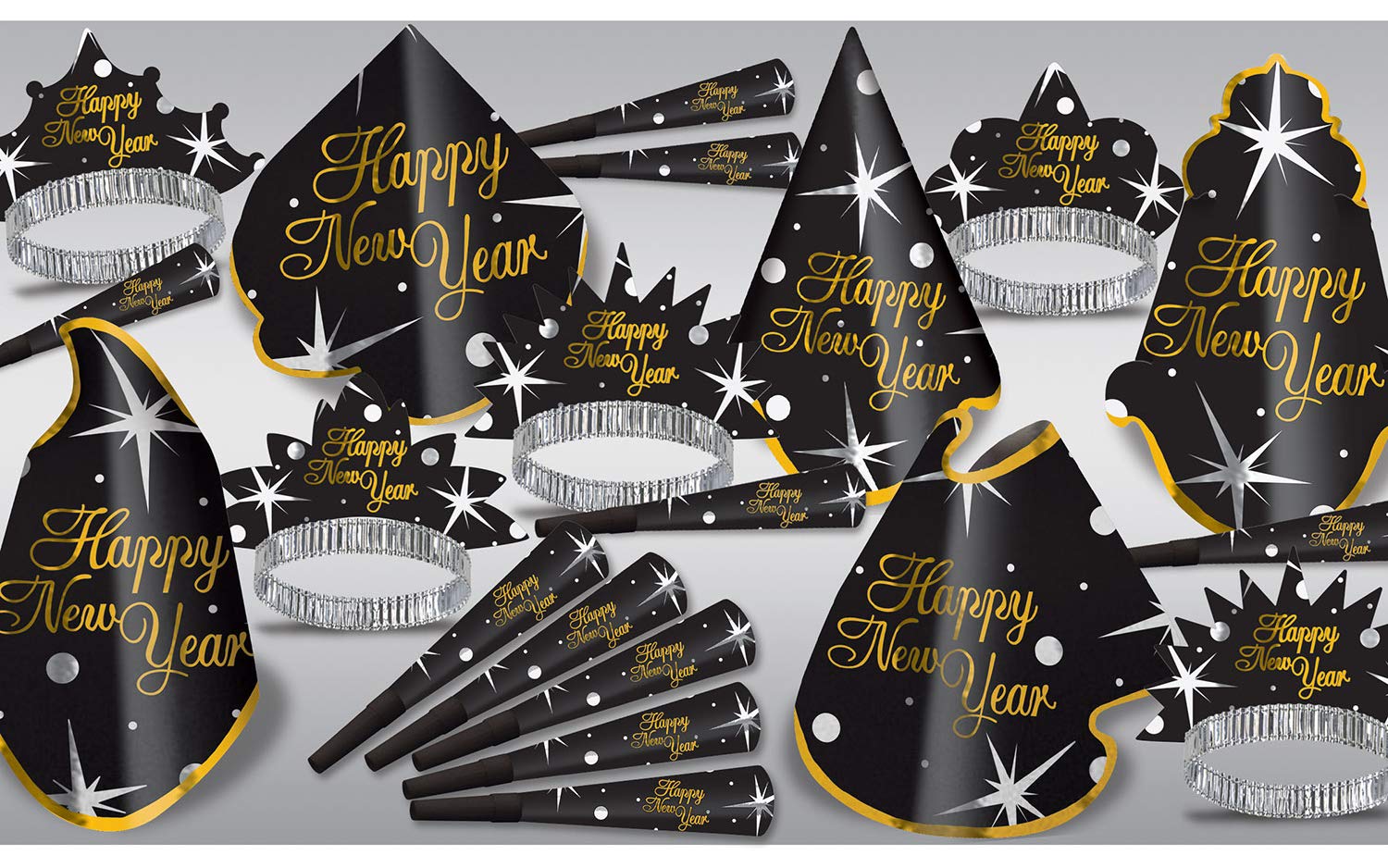 Beistle Happy New Year Shimmer Assortment for 10 People Hats, Tiaras, Noisemaker Horns - Party Favors And Supplies, One Size, Black/Gold/Silver