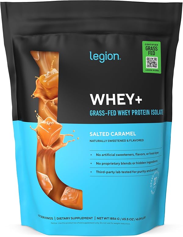LEGION Whey+ Protein Whey Isolate from Grass Fed Cows (Salted Caramel, 60 Servings) - Whey Protein Isolate Powder Low Calorie, Non-GMO, Sugar Free, Lactose and Gluten Free, All Natural Protein Powder