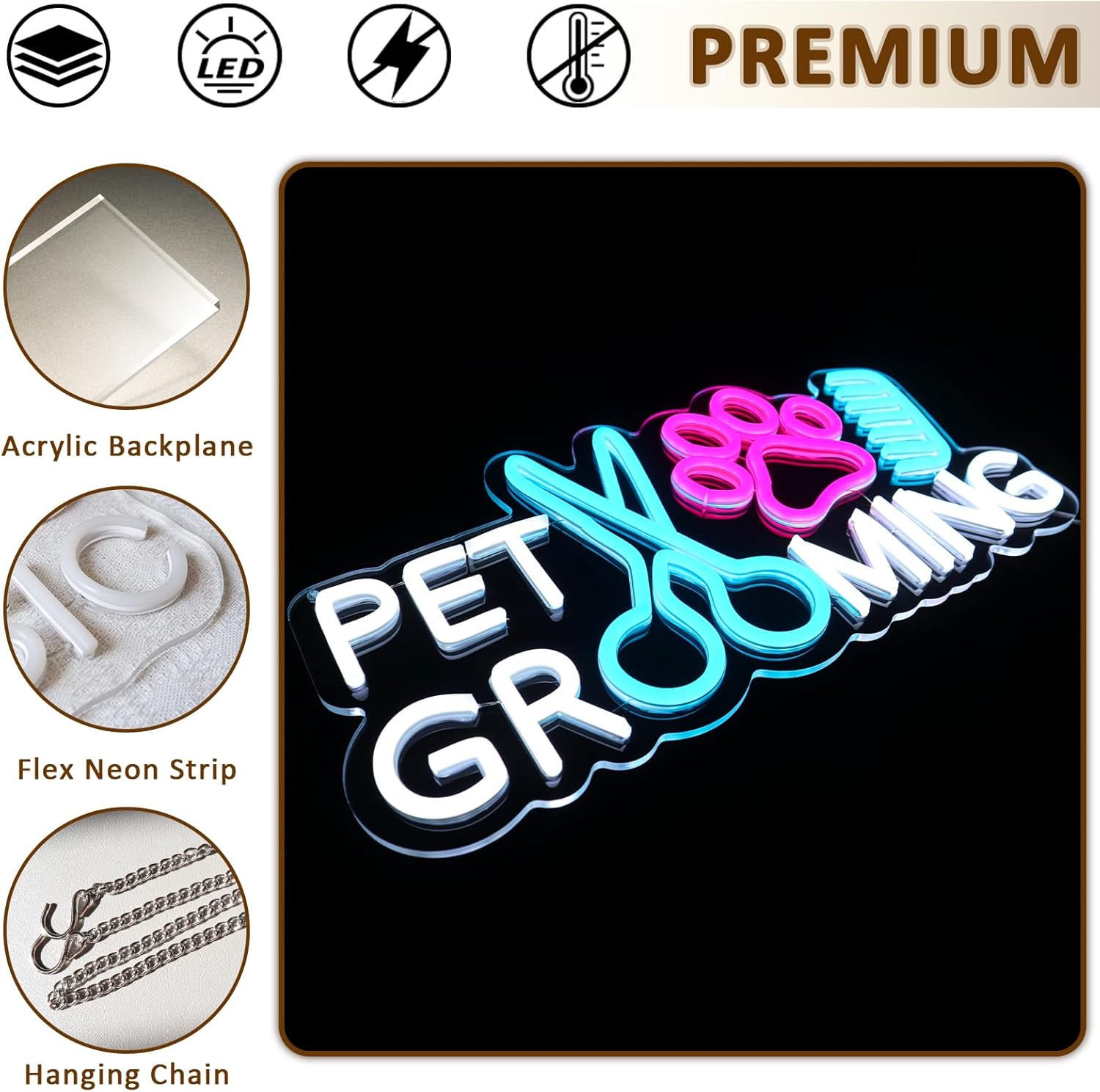 Pet Grooming Neon Sign for Wall Decor, 15.5" x 8.2" Led Signs for Business, USB Dimmable Paw Neon Lights for Pet Shop Dog Hospital Spa Salon Bar Stores Decoration - Image 6