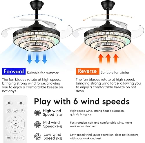 Miniatura 5 de MORE CHANGE Ventilador de techo de araña de cristal de 42 pulgadas con altavoz Bluetooth ligero, moderno ventilador de techo retráctil negro y