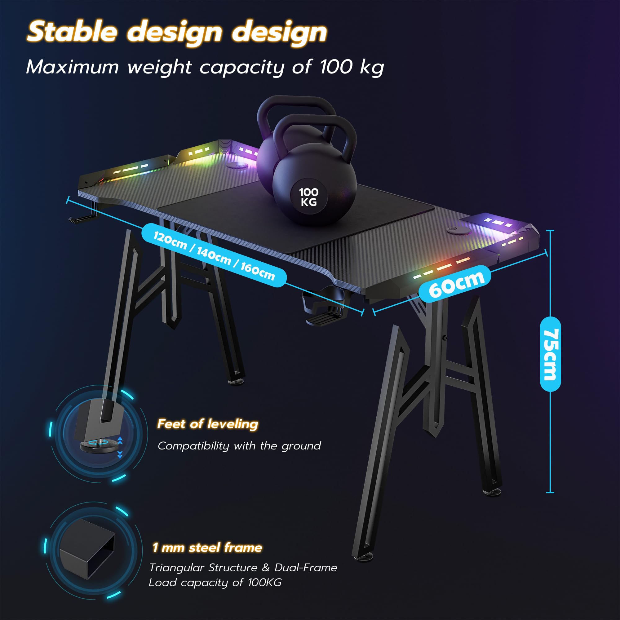 NAIZY Mesa de gaming 160 cm LED escritorio incluye soporte para auriculares, soporte para vaso de agua y orificio para cable, mesa de ordenador de fibra de carbono para PC Gamer, en marco M