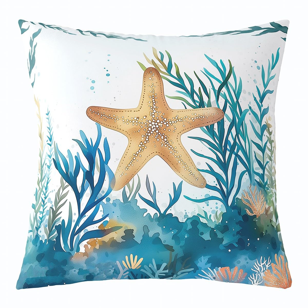 Homemissing Ocean Square Cushion Covers Set of 1 for 60x60cm Starfish Reversible Throw Pillow Covers Seaweeds Pillow Covers Marine Life Sea Throw Pillowcases for Sofa Couch Chair Vivid Blue