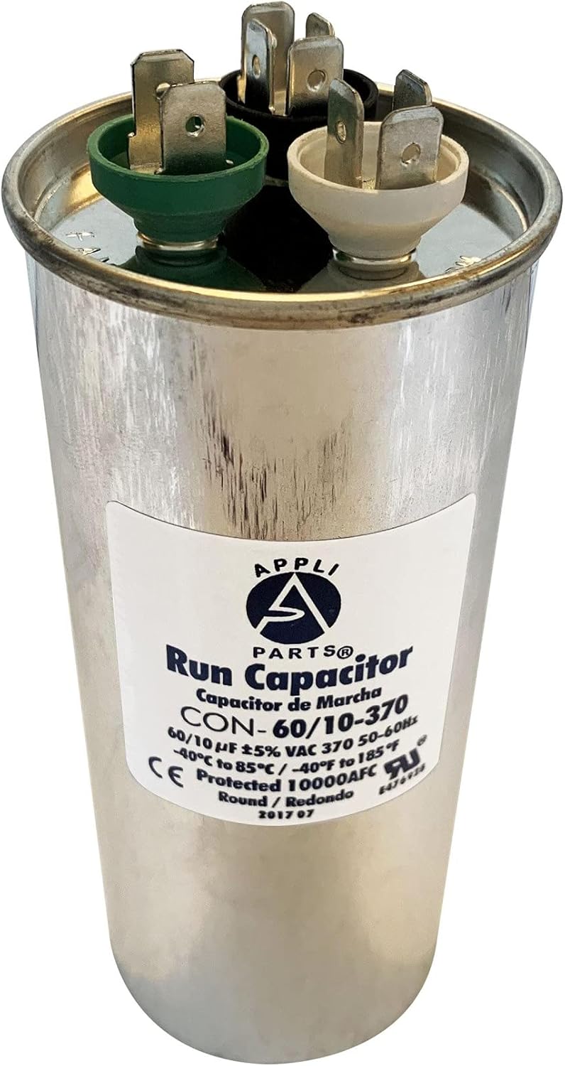 Review Appli Parts Dual Run Capacitor 60 + 10 Mfd uF (microfarads) 370 VAC Round 2-1/4 in. Wide 5-1/2 in. Height CON-60/10-370-R Replaces CAP-60/10-370-R