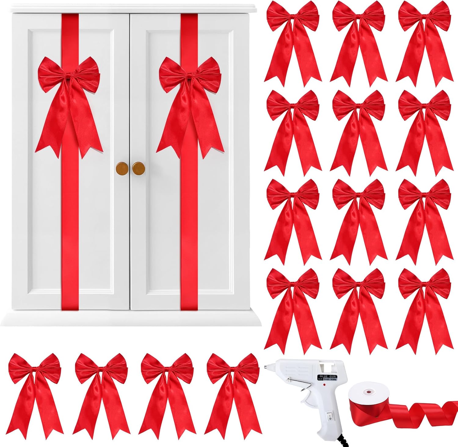 16 Pcs Christmas Cabinet Bows Large Ribbons Cabinet Door Bows for Christmas Tree Decor Dining Kitchen Supplies(Red and White Stripes,Silk)