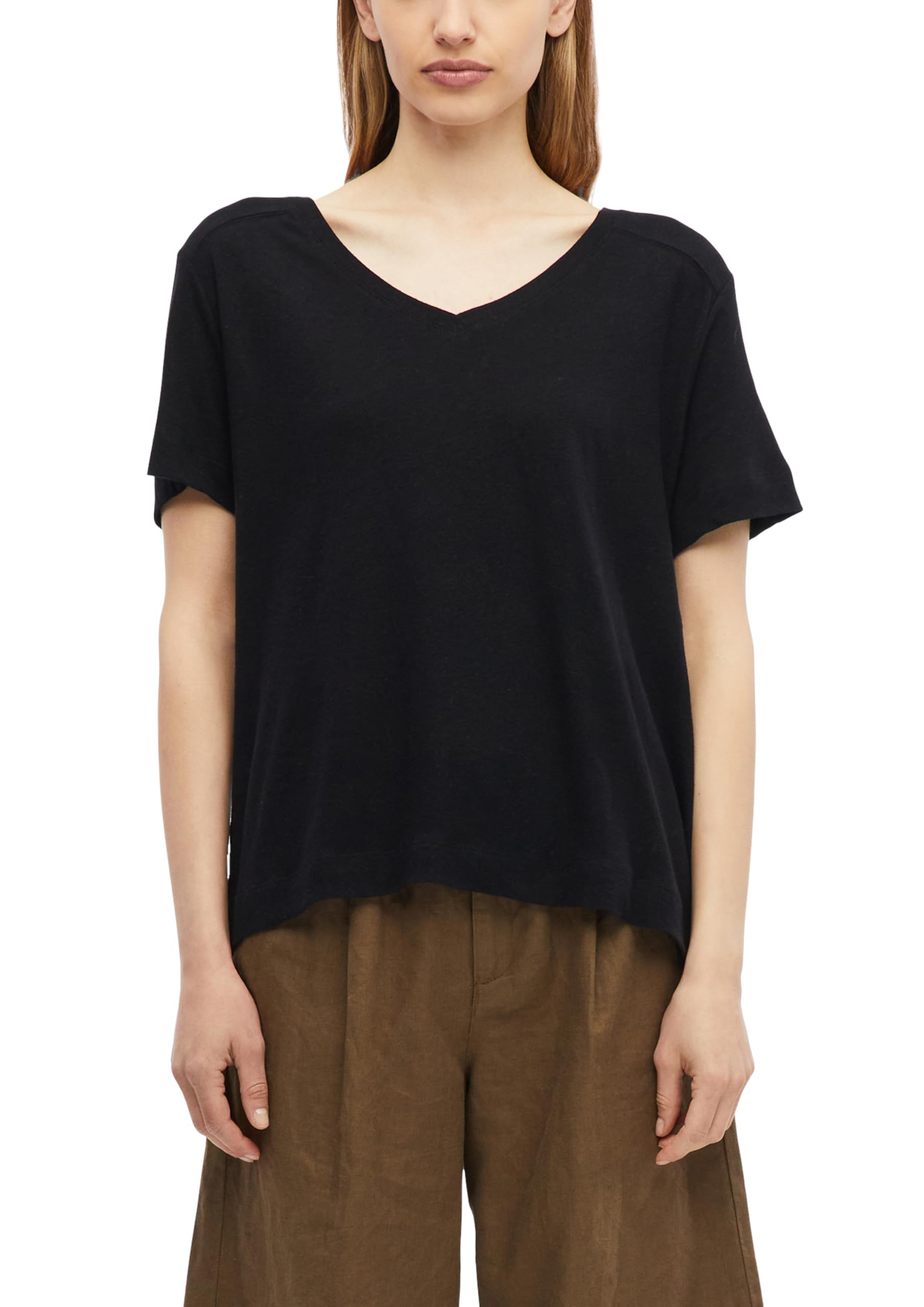 s.Oliver Women's 2178635 V-Neck Linen Mix T-Shirt (Pack of 1), Black, 14