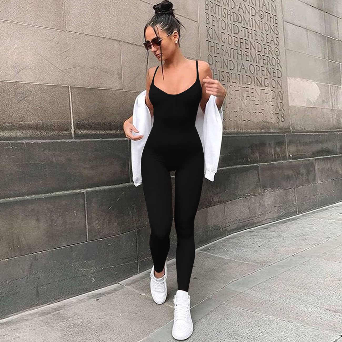Tuta Intera Donna Spaghetti Aderente Tutina Sexy Elegant Sportiva Jumpsuit Elastica Senza Manica Romper Bodysuit Pantaloni Per Yoga Gym Fitness Esercizio Clubwear