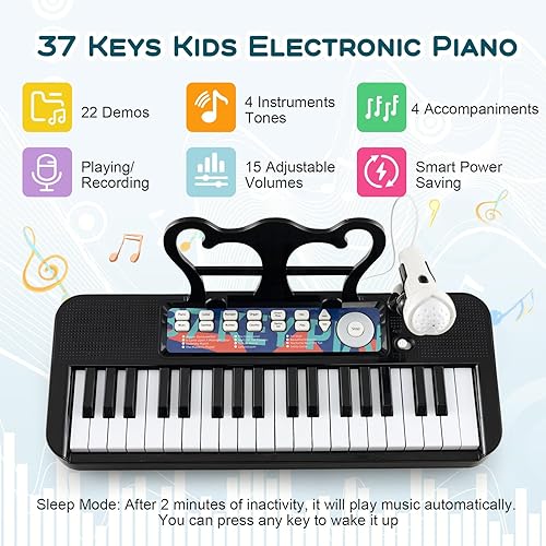 Miniatura 2 de Costzon Piano para niños, teclado de piano de juguete de 37 teclas con micrófono, taburete y soporte de música, piano electrónico portátil, juguete