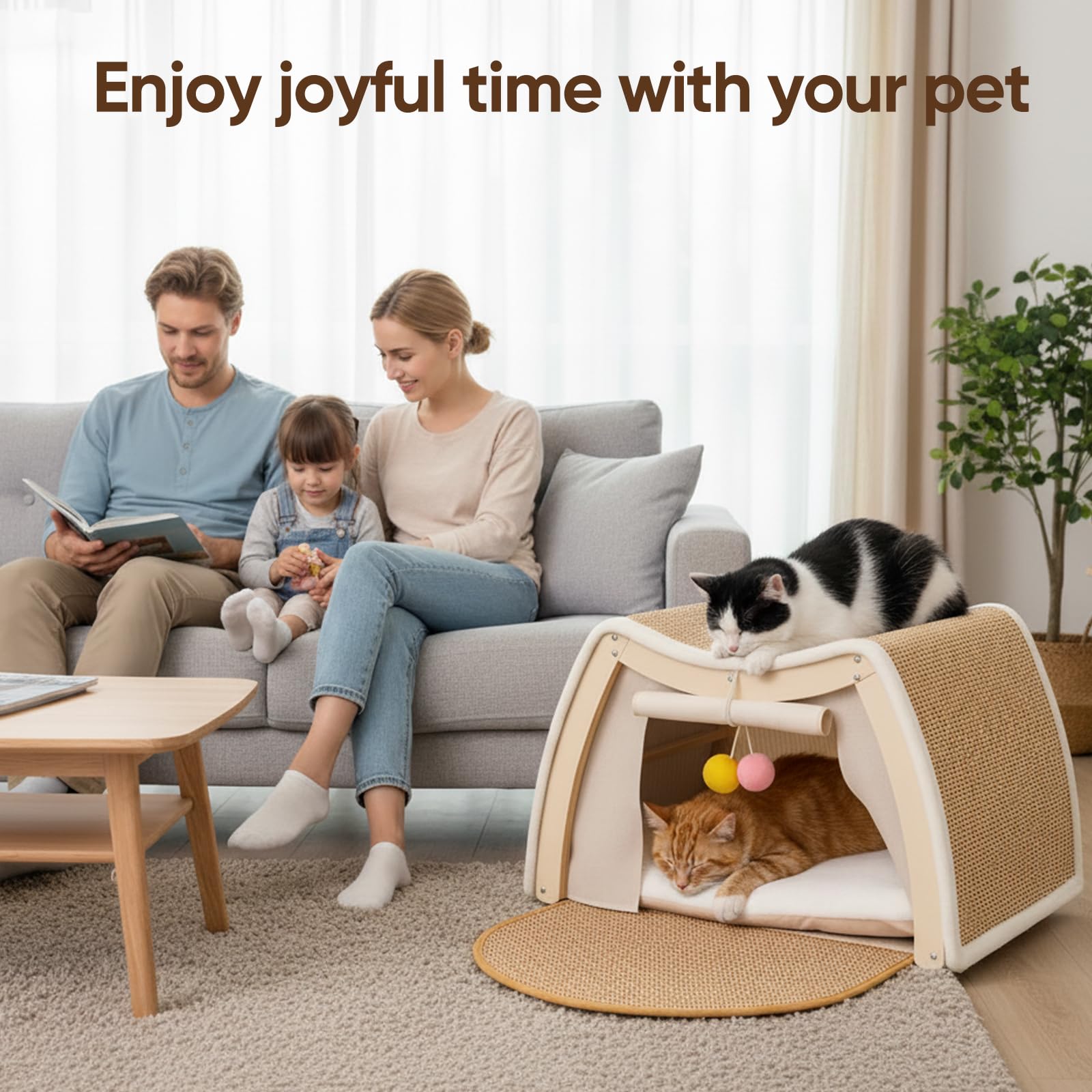 Casa de Madera para Gatos, 2 en 1 Rascador y Tienda para Gatos, 50x40x32 cm Cama para Gato, Cueva para Gatos con Cojín, Ideal para Gato Pequeños y Medianos
