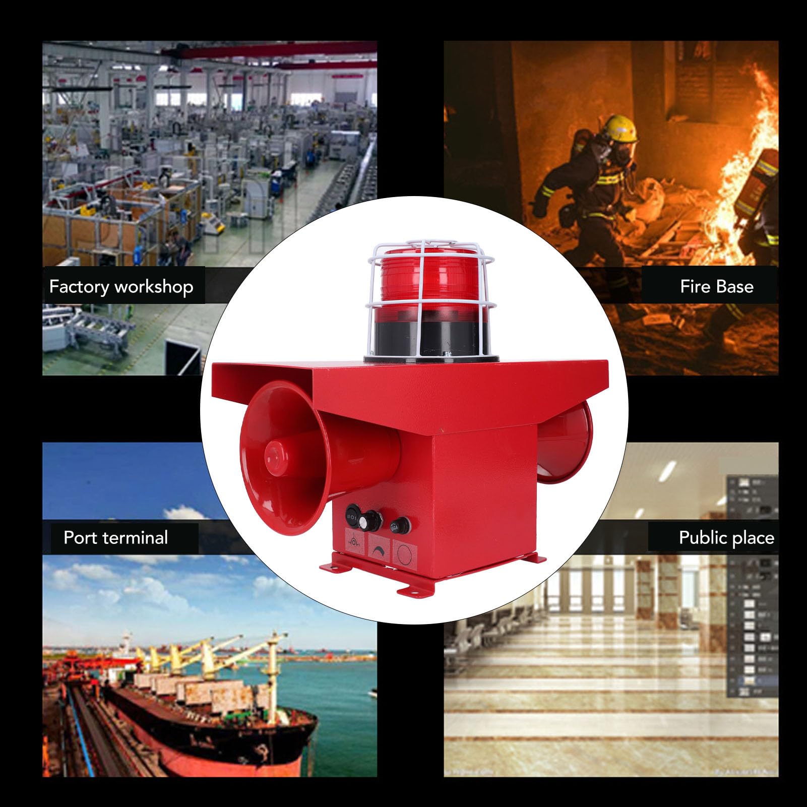 Bocina de Sirena de Alarma de luz y Sonido Industrial para sitios de construcción, Puertos y construcción Naval, con 3 Tonos y Control de Volumen de 120 dB, Carcasa de Acero a