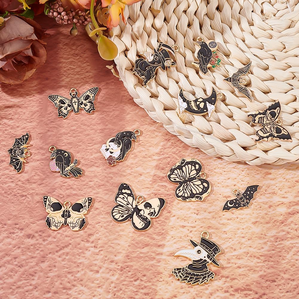 28Pcs 14 Styles Gothic Theme Charms Alloy Enamel Pendant Moon Butterfly Bat Halloween Party Decoration Gifts for Bracelets Necklaces Jewelry Making DIY Art Craft Findings - Image 5