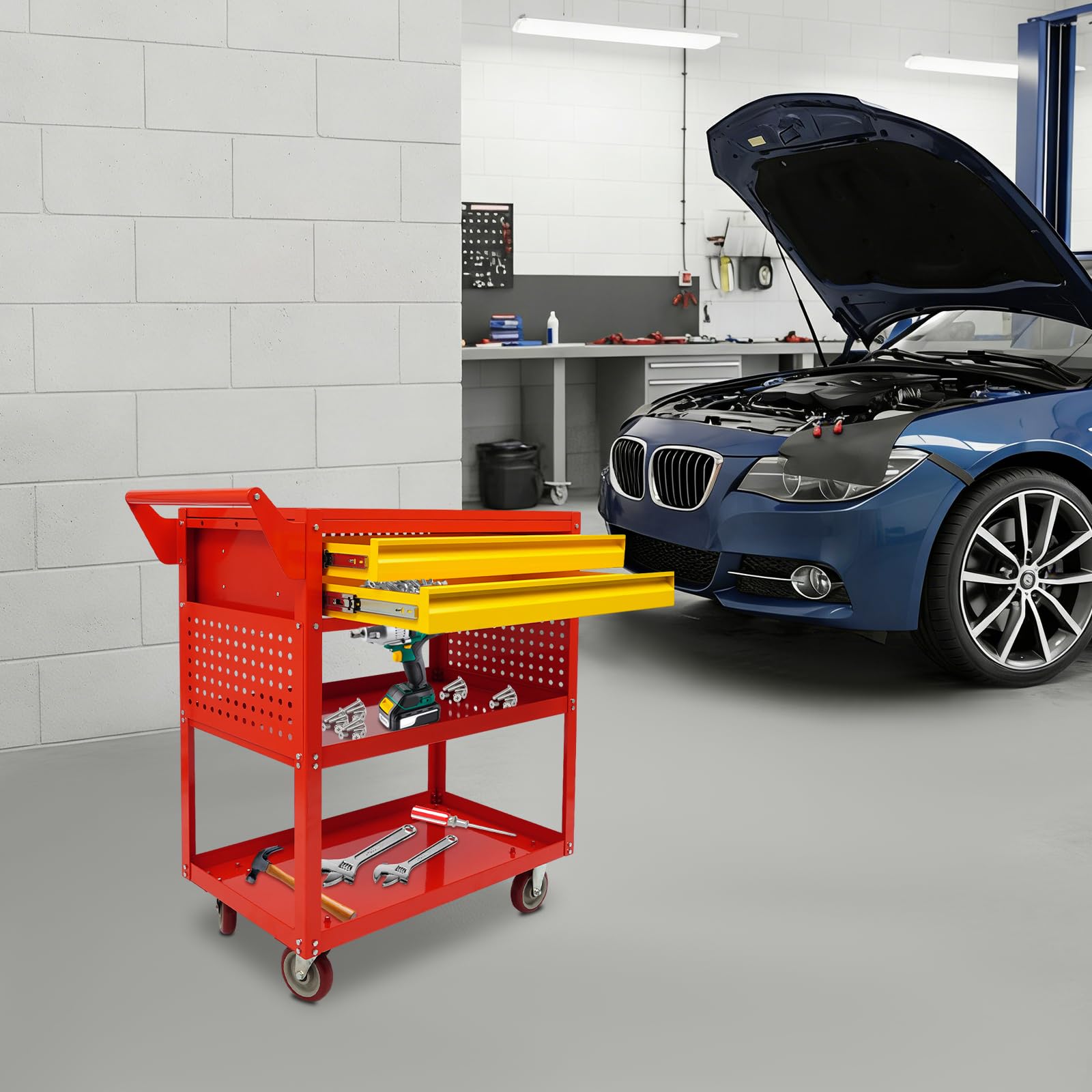 Carro Herramientas 5 Niveles con 2 Cajones para Taller (Rojo)