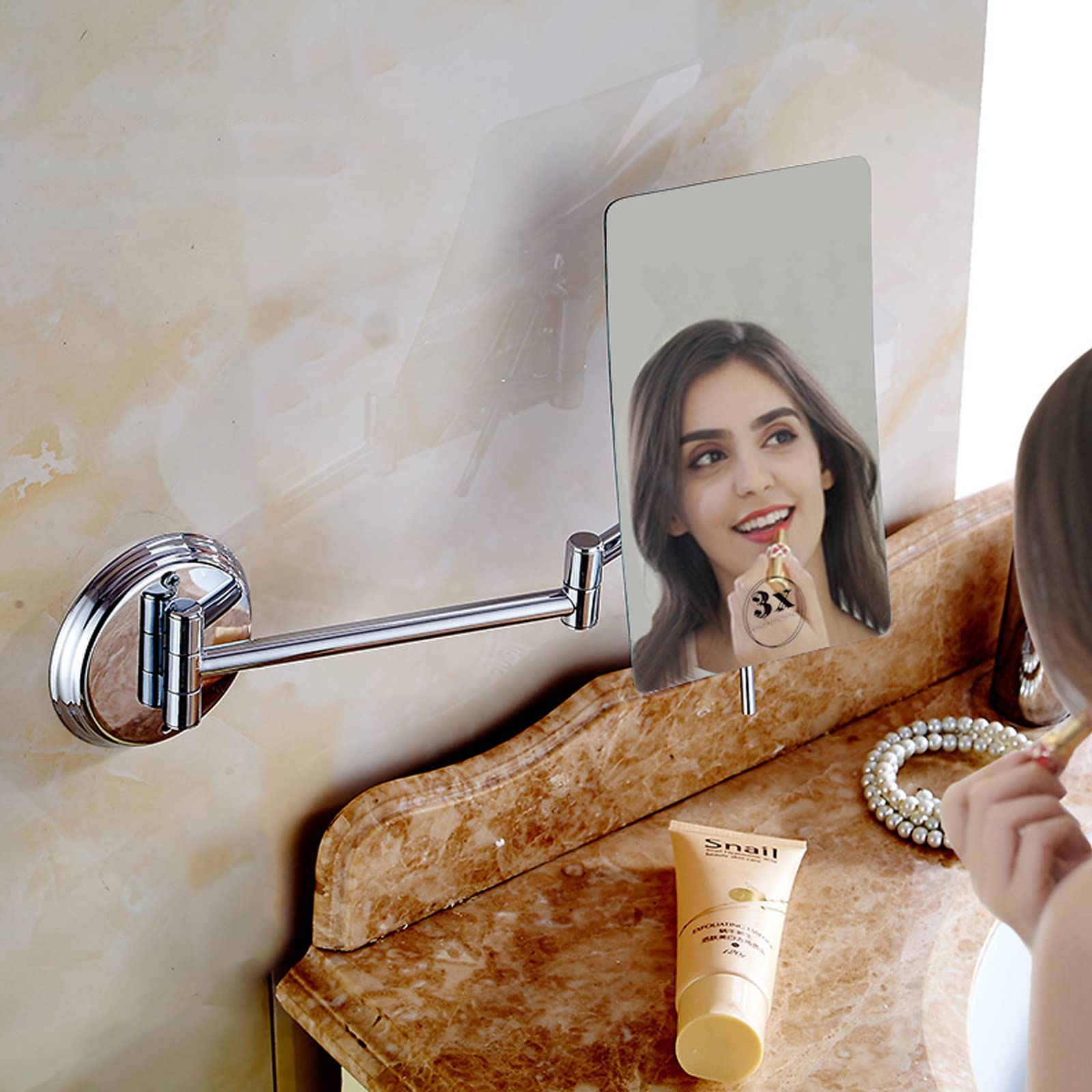 Miroir Maquillage Mural, Miroir Grossissant x3 Miroir Cosmétique Pliable Miroir de Rasage 360° Pivotant Mirroir Murale Simple Face Miroir Salle de Bain Rectangulaire, pour Maquillage