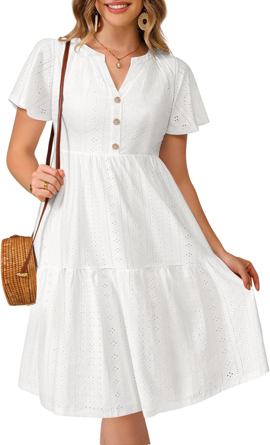 Plus Size Summer Dress - Casual Sundress Beach Short Sleeve V Neck Tiered Button Up Boho Midi Flowy Sun Dresses Women