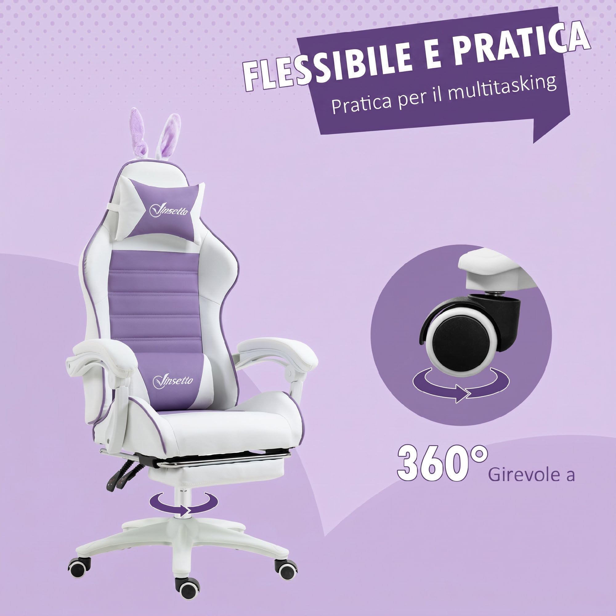 Vinsetto Sedia Gaming Ergonomica Reclinabile con Orecchie da Coniglio Viola | Poltrona Gaming con Poggiapiedi Estraibile, Cuscino Lombare e Poggiatesta, Altezza Regolabile