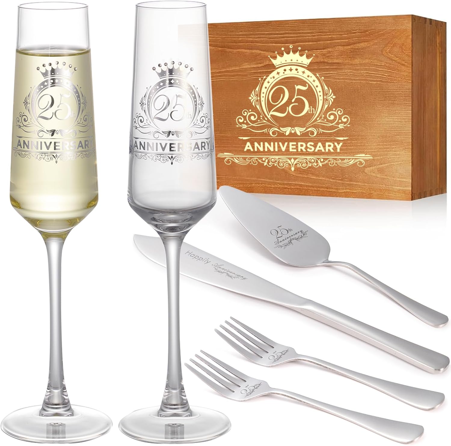 25th Anniversary Champagen Flutes Wedding Gifts for Couple, 25th Birthday Anniversary Decorations, Silver Cake Cutting Set for Wedding 25th Anniversary Presents
