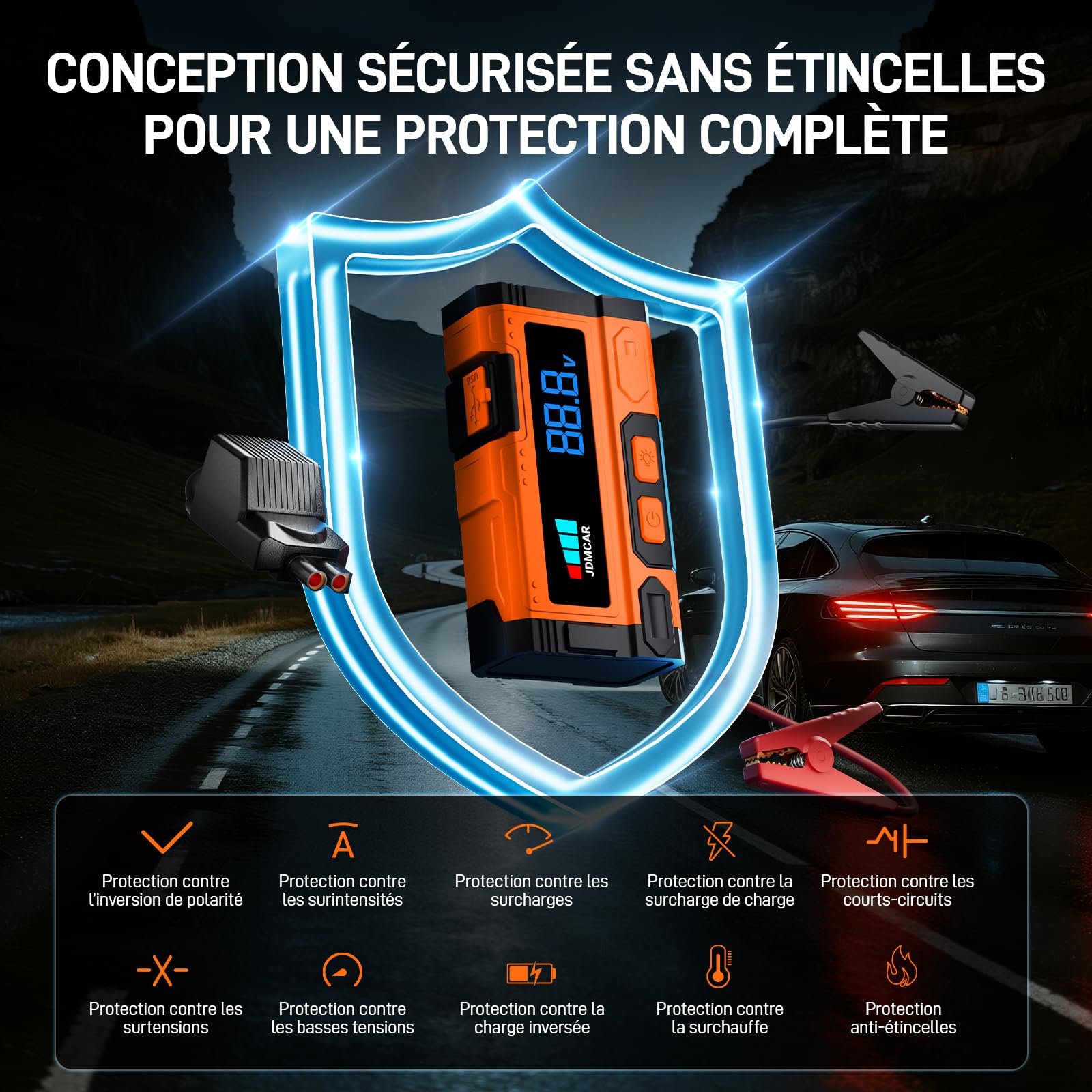 JDMCAR Booster Batterie Voiture 𝟏𝟎𝟎𝟎𝟎𝐀 - 𝟏𝟒.𝟖𝐕 Démarreur Batterie Voiture (jusqu'à10,0L Gaz/9,0L Diesel), Jump Starter avec LED, Booster Pinces Intelligentes, Protections Multiples Auto Moto