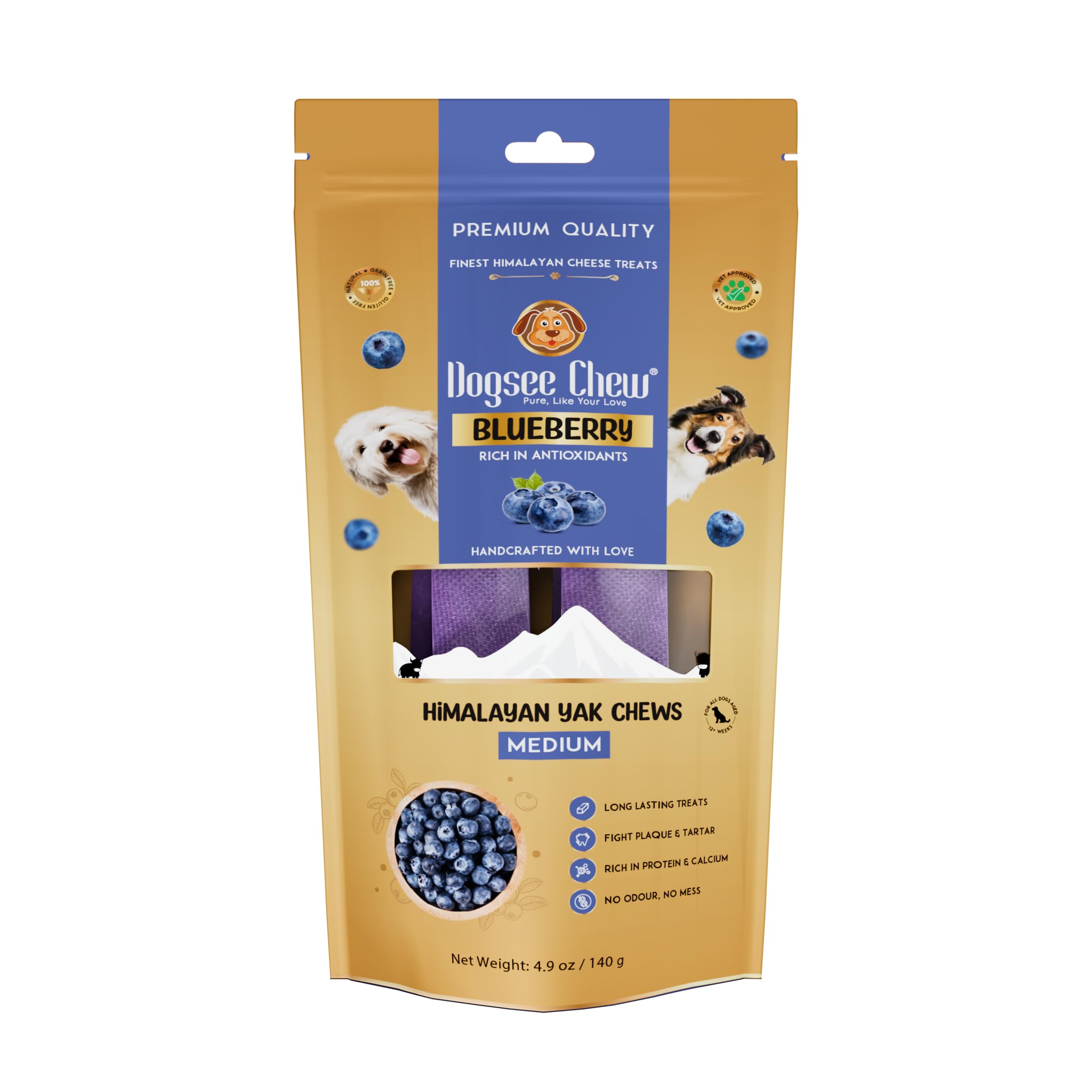 Dogsee Blueberry Fruit Flavor Himalayan Yak Cheese Dental Chews for Dogs - (Medium 2) 60% Protein, Dog Treats Healthy Cleans Teeth & Freshens Breath No Grain, No Gluten Dog Chews Rawhide Free