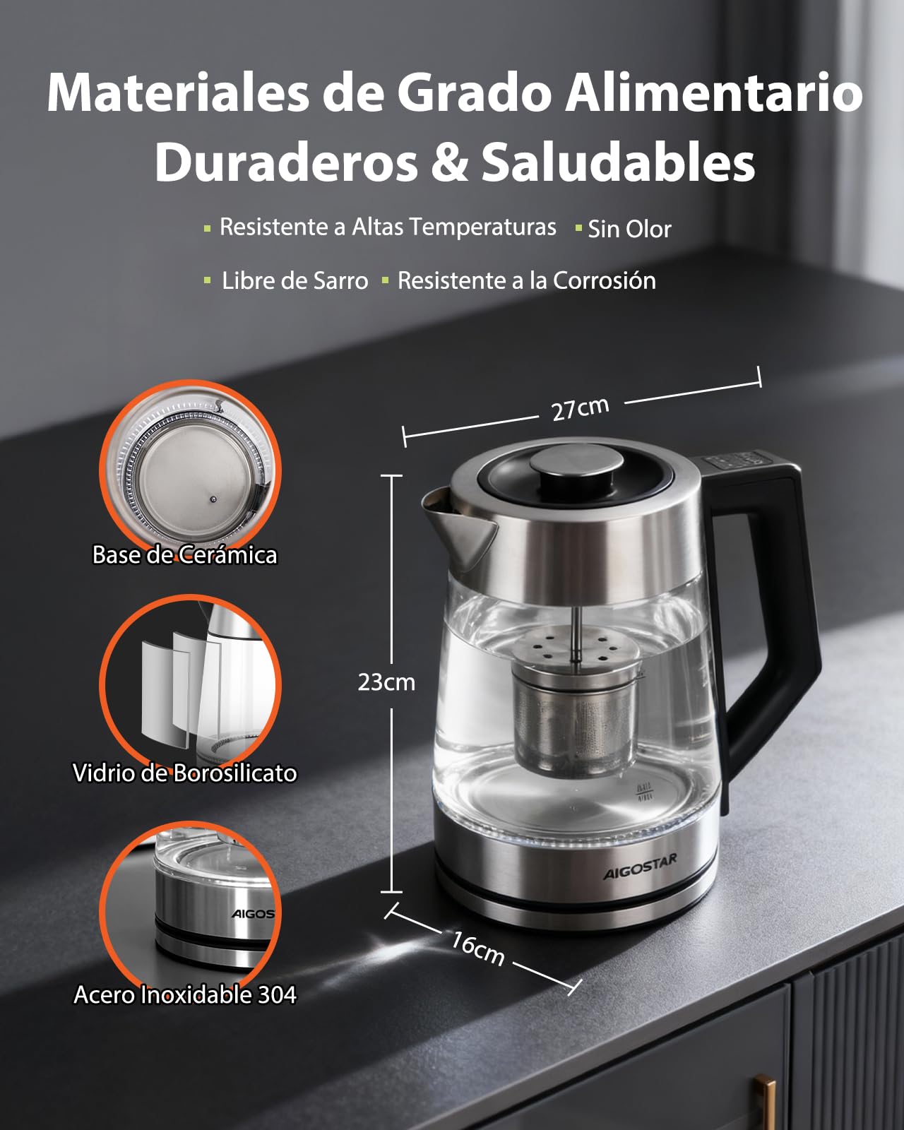 Aigostar Hervidor Agua Electrico con Regulador de Temperatura, Cerámico | Anti-Sarro, 1,7L, 2200W, Libre de BPA, Tetera Electrica de Acero Inox & Cristal, Función Mantener Calor, Apagado Auto
