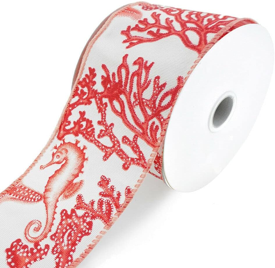 Seahorse, Starfish, and Coral Wired Ribbon, 21/2Inch, 10