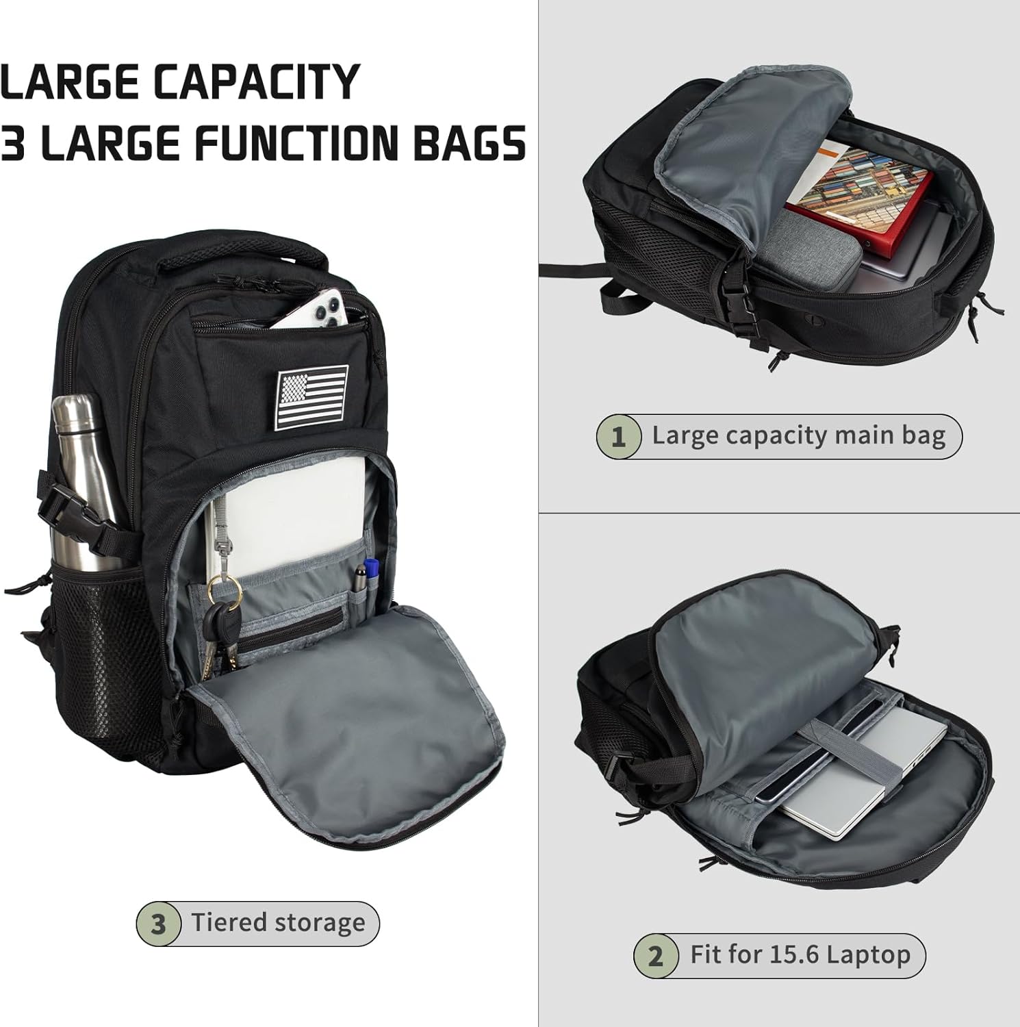 15.6'' Travel Laptop Backpack for Men, 30L Tactical College Backpacks with Water Pouches Both Sides, Portable Backpack for Men Women Business Work Bag Fight Approved, Black Backpack