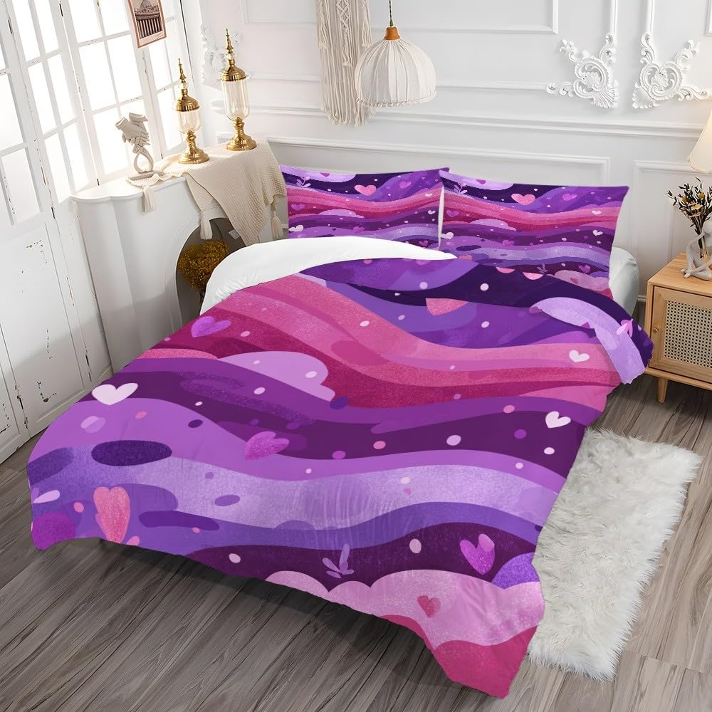 Pościel z nadrukiem 3D, 200 x 200 cm, oddychająca mikrofibra, romantyczne faliste linie, super miękka, hipoalergiczna poszewka na kołdrę, różowo-fioletowa, 3-częściowa pościel dla dzieci i młodzieży