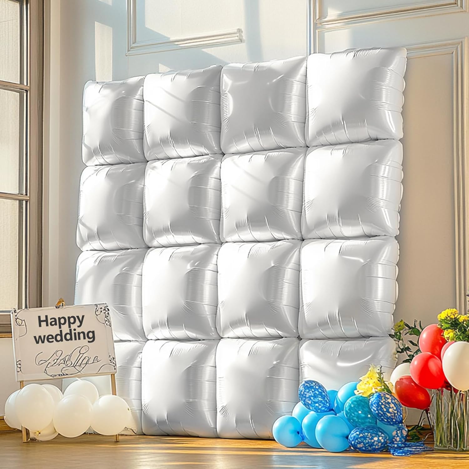 NISOCY 36PCS White Square Foil Balloons Wall Backdrop Double Sided Pearl White Balloons Tunnel Arch Kit for Birthday Wedding Engagement Bridal Baby Shower Party Decoration