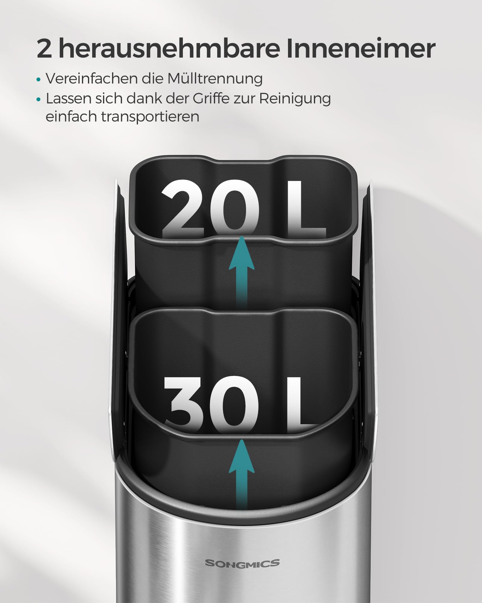 SONGMICS Mülleimer Küche, Mülltrennsystem 2 Fächer, 30 L und 20 L, schmaler Abfalleimer, Treteimer für Recyclingmaterialien und Abfall, mit 2-teiligem Deckel, metallicsilber LTB570E50