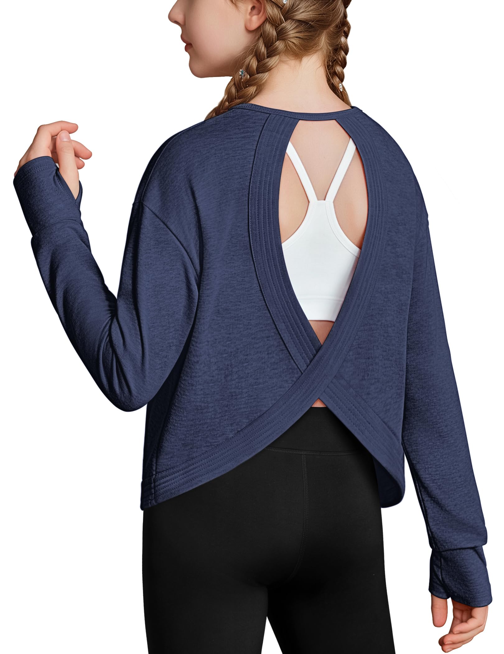 Zaclotre Girls Athletic Long Sleeve Shirts Open Back Crop Tops Workout Tee